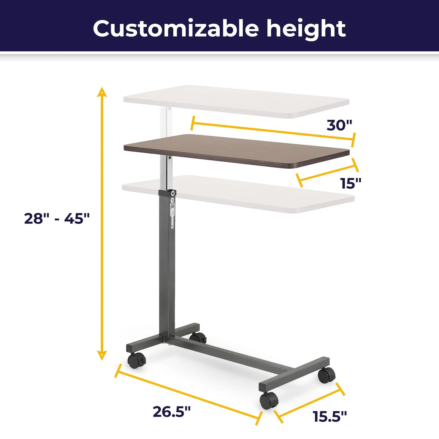 Drive Medical 13067 Non Tilt Top Overbed Table with Wheels and Secure Height Adjustment - View 5