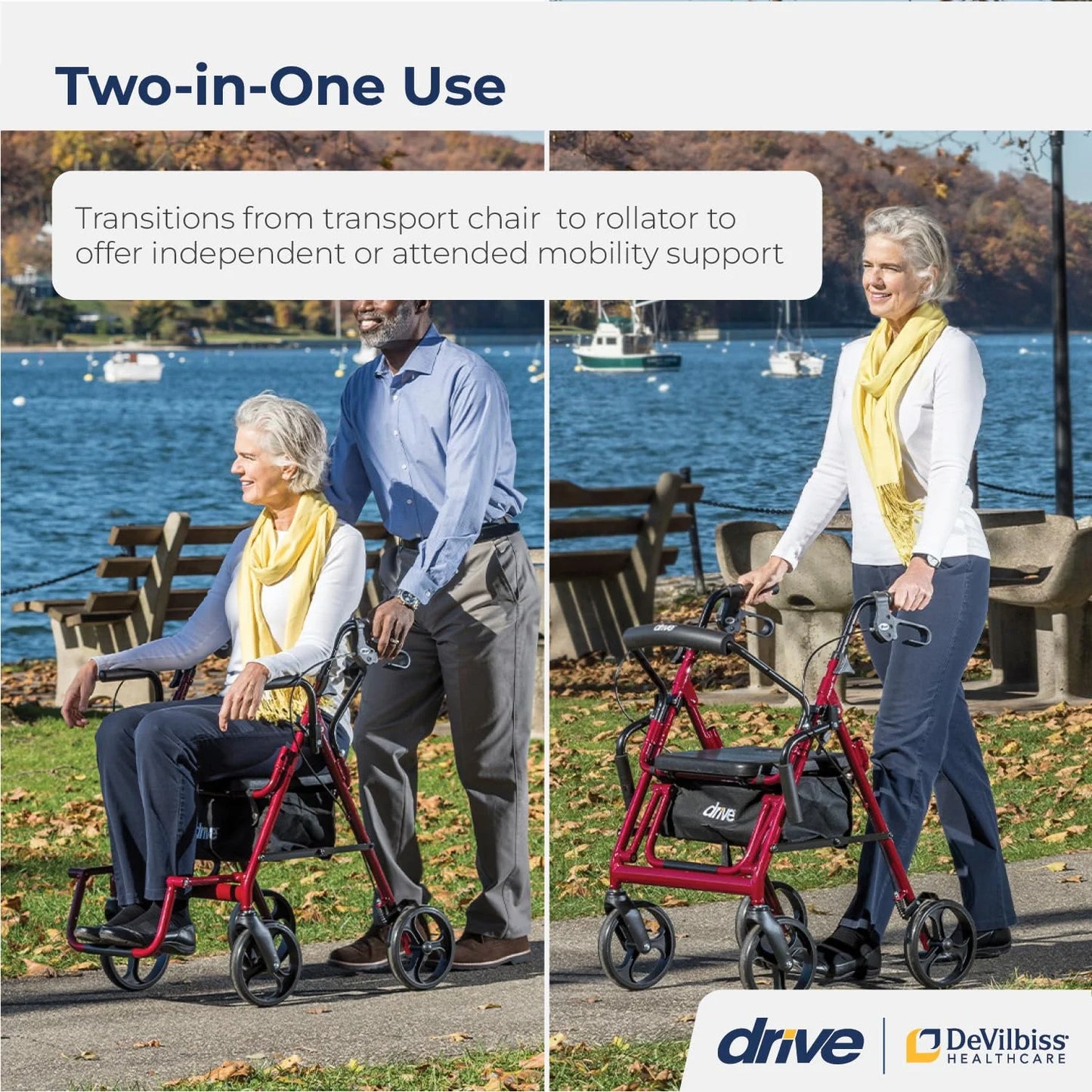 Burgundy Steel Drive Medical 795BU Duet Folding Transport Wheelchair and Rollator Walker, Burgundy, Good Condition condition - View 4