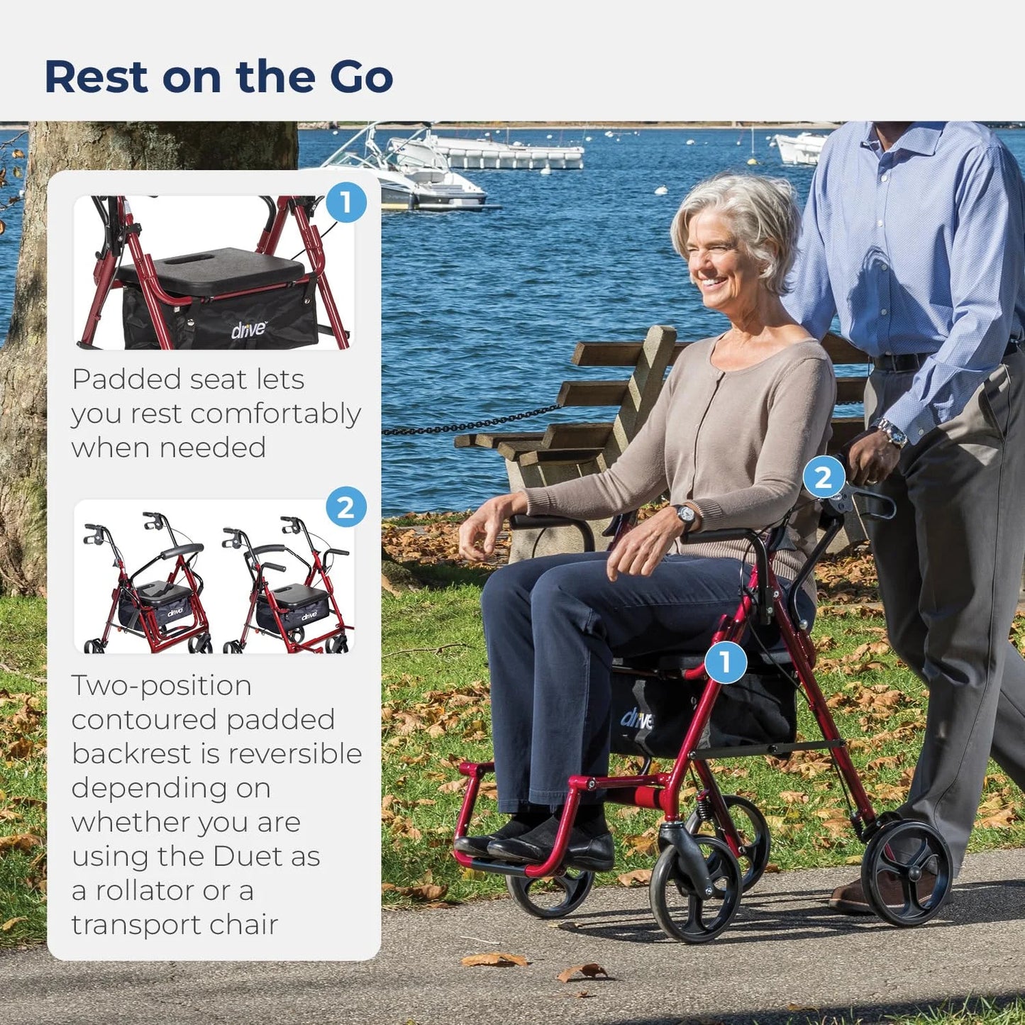 Drive Medical 795BU Duet Folding Transport Wheelchair and Rollator Walker, Burgundy - View 7