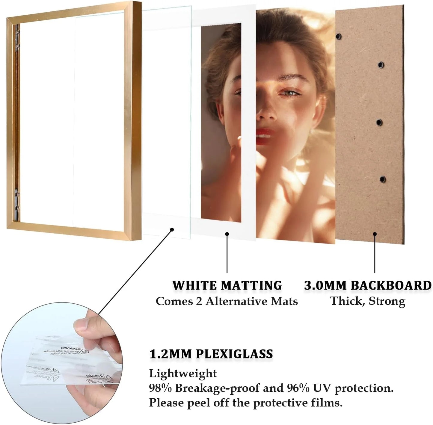 Gold Aluminum Egofine 16x20 Aluminum Picture Frame Display with Mat for 12x16 or 16x20 without Mat, Metal Poster Frame Covered by Plexiglass for Wall Mounting Horizontally and Vertically, 1 Pack, Gold, Brand New condition - View 4