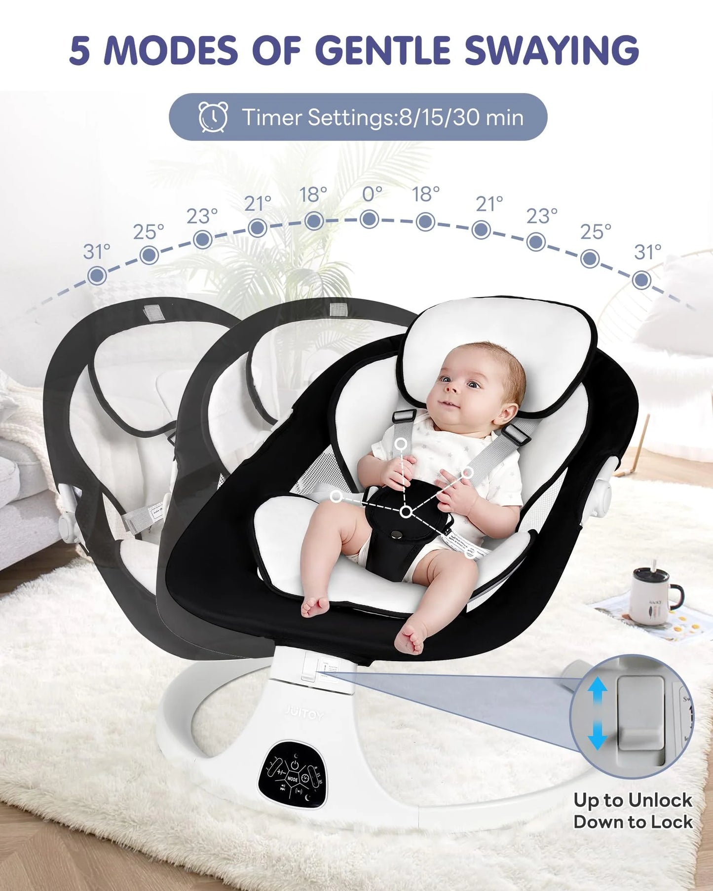 Black Sturdy Construction Electric Baby Swings for Infants to Toddler Baby Swing with 5-Speed 3-Seat Positions 5-Point Carabiner,with Bluetooth Music 10-Preset Melodies (Black), Good Condition condition - View 2