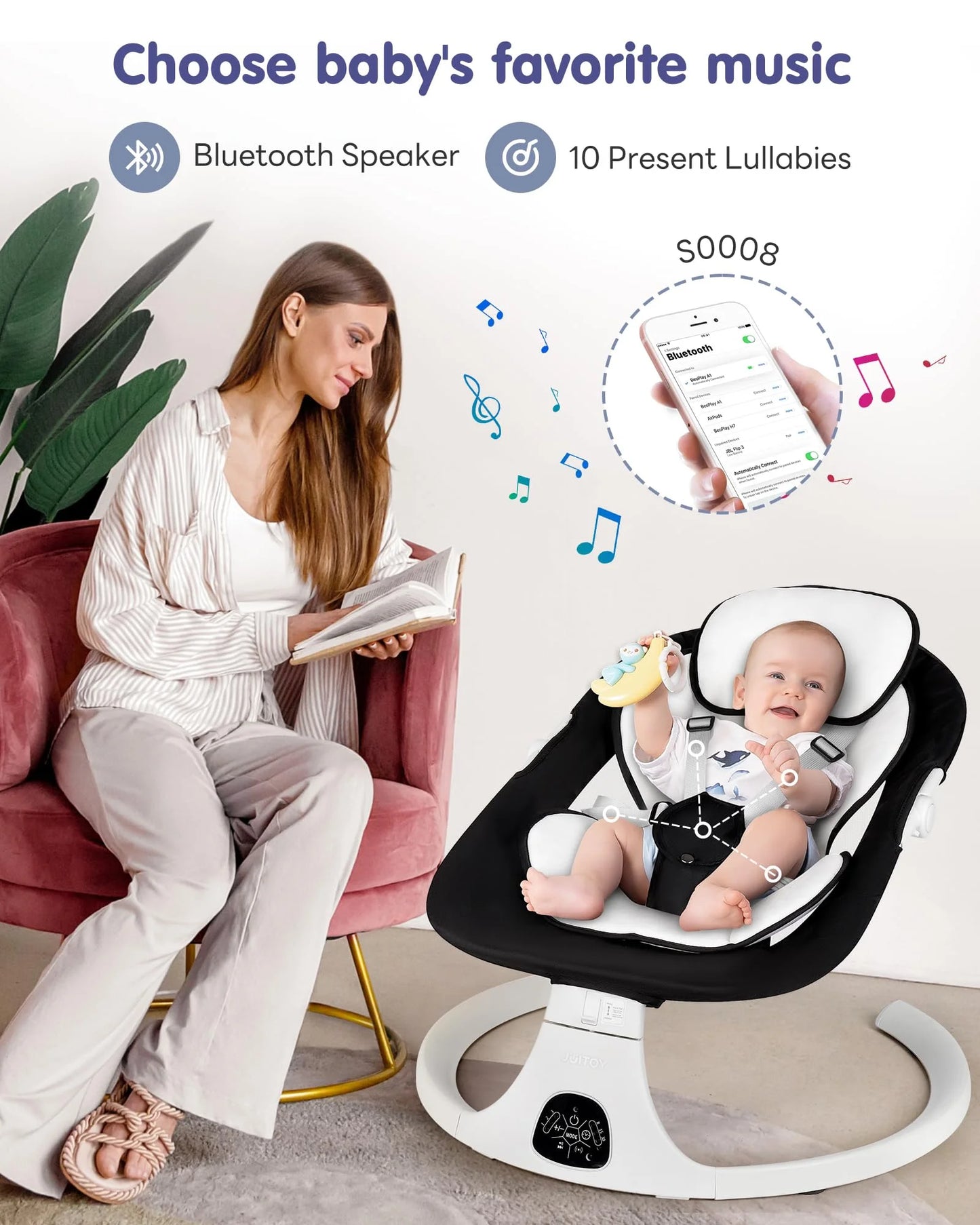 Black Sturdy Construction Electric Baby Swings for Infants to Toddler Baby Swing with 5-Speed 3-Seat Positions 5-Point Carabiner,with Bluetooth Music 10-Preset Melodies (Black), Good Condition condition - View 3