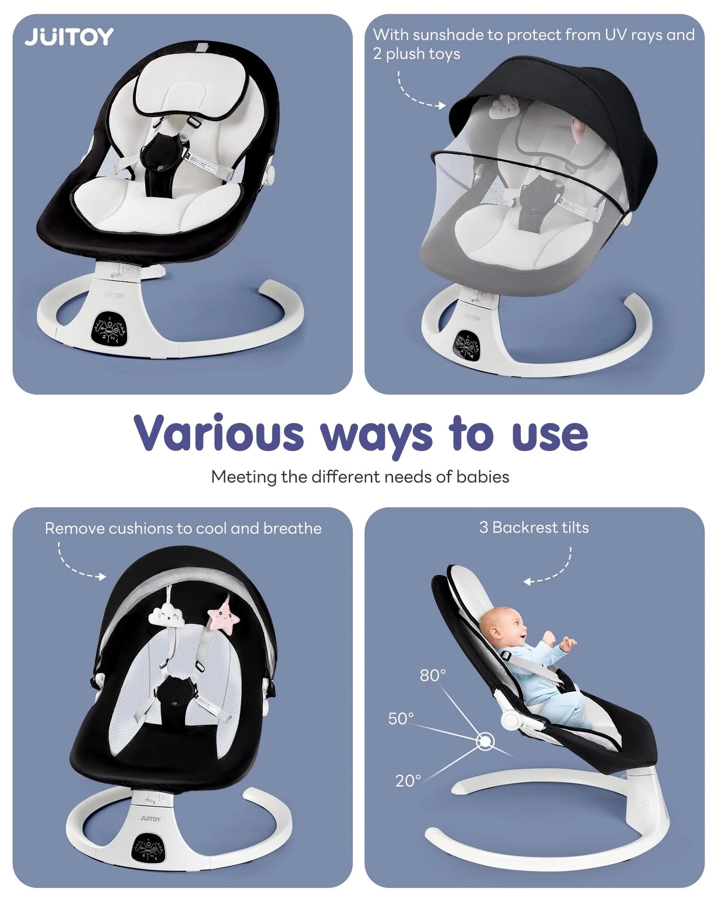 Black Sturdy Construction Electric Baby Swings for Infants to Toddler Baby Swing with 5-Speed 3-Seat Positions 5-Point Carabiner,with Bluetooth Music 10-Preset Melodies (Black), Good Condition condition - View 4