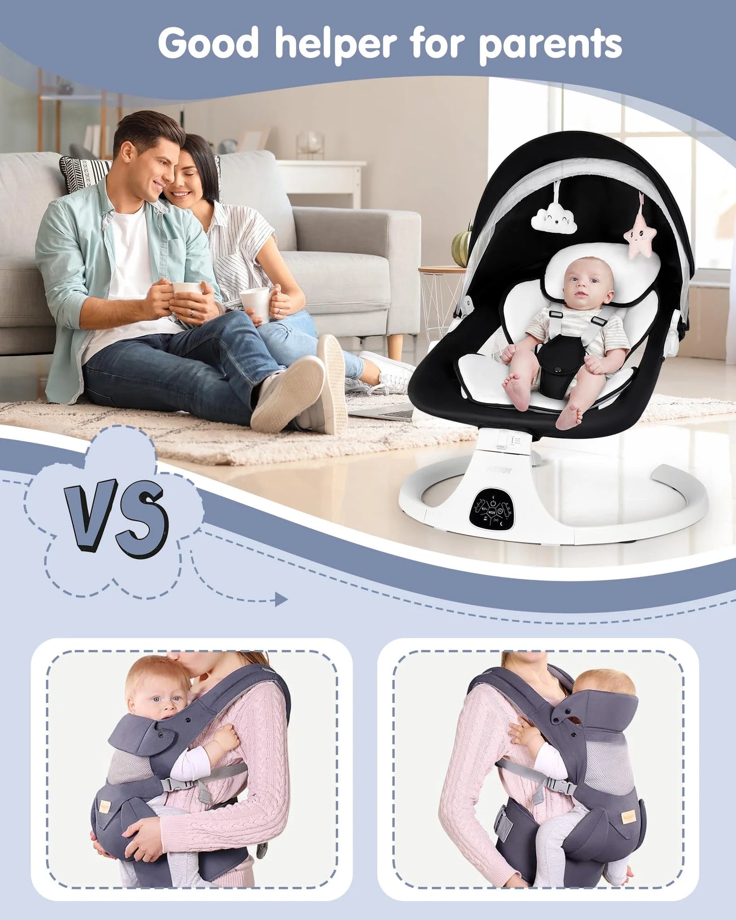 Black Sturdy Construction Electric Baby Swings for Infants to Toddler Baby Swing with 5-Speed 3-Seat Positions 5-Point Carabiner,with Bluetooth Music 10-Preset Melodies (Black), Good Condition condition - View 6