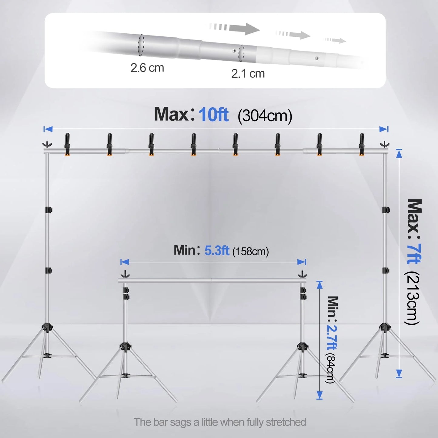Silver Aluminum alloy EMART Backdrop Stand 10x7ft(WxH) Photo Studio Adjustable Background Stand Support Kit with 2 Crossbars, 8 Backdrop Clamps, 2 Sandbags and Carrying Bag for Parties Events Decoration -Silver, Good Condition condition - View 6