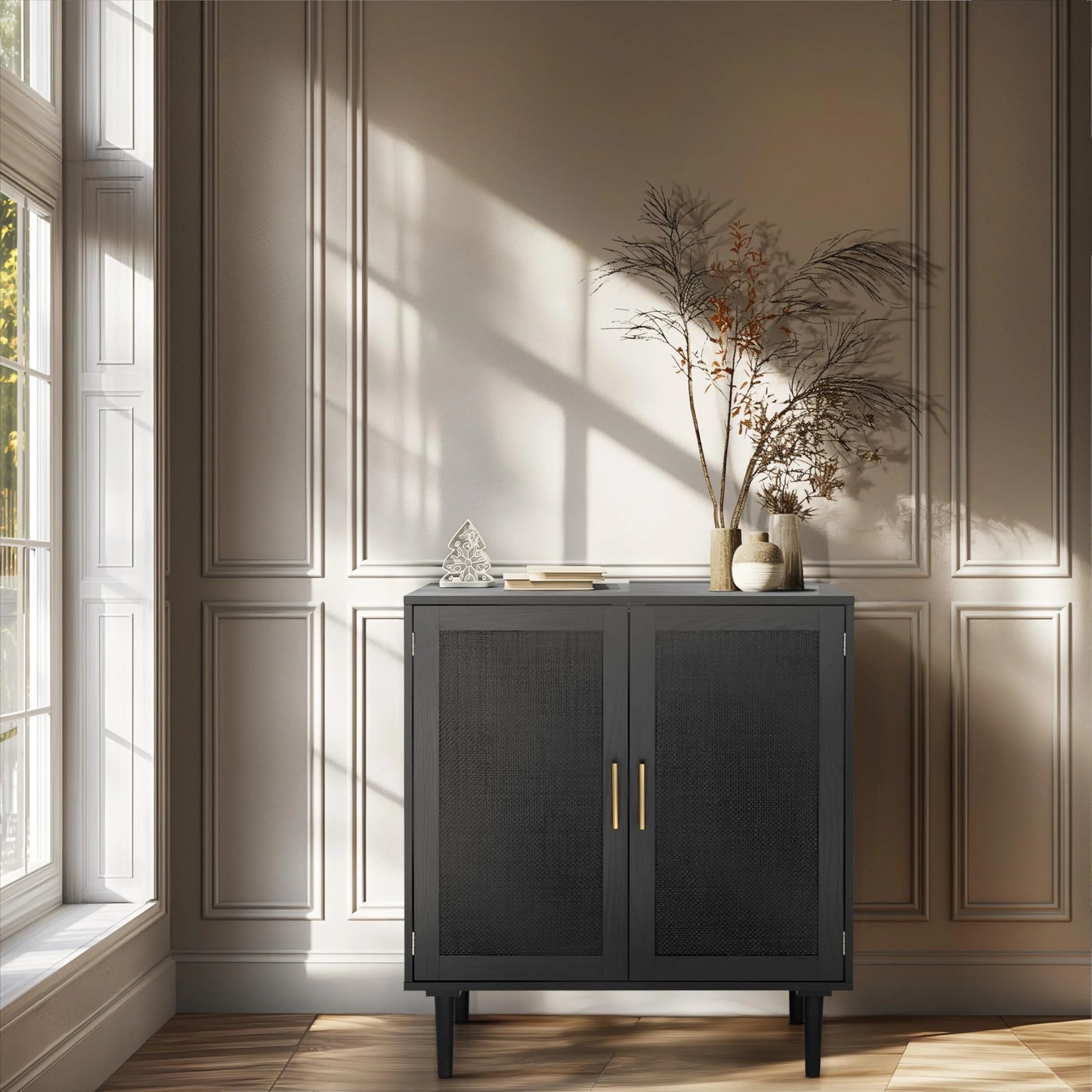 Finnhomy Sideboard Buffet Kitchen Storage Cabinet with Black Painted Rattan Decorated Doors, Black - View 4