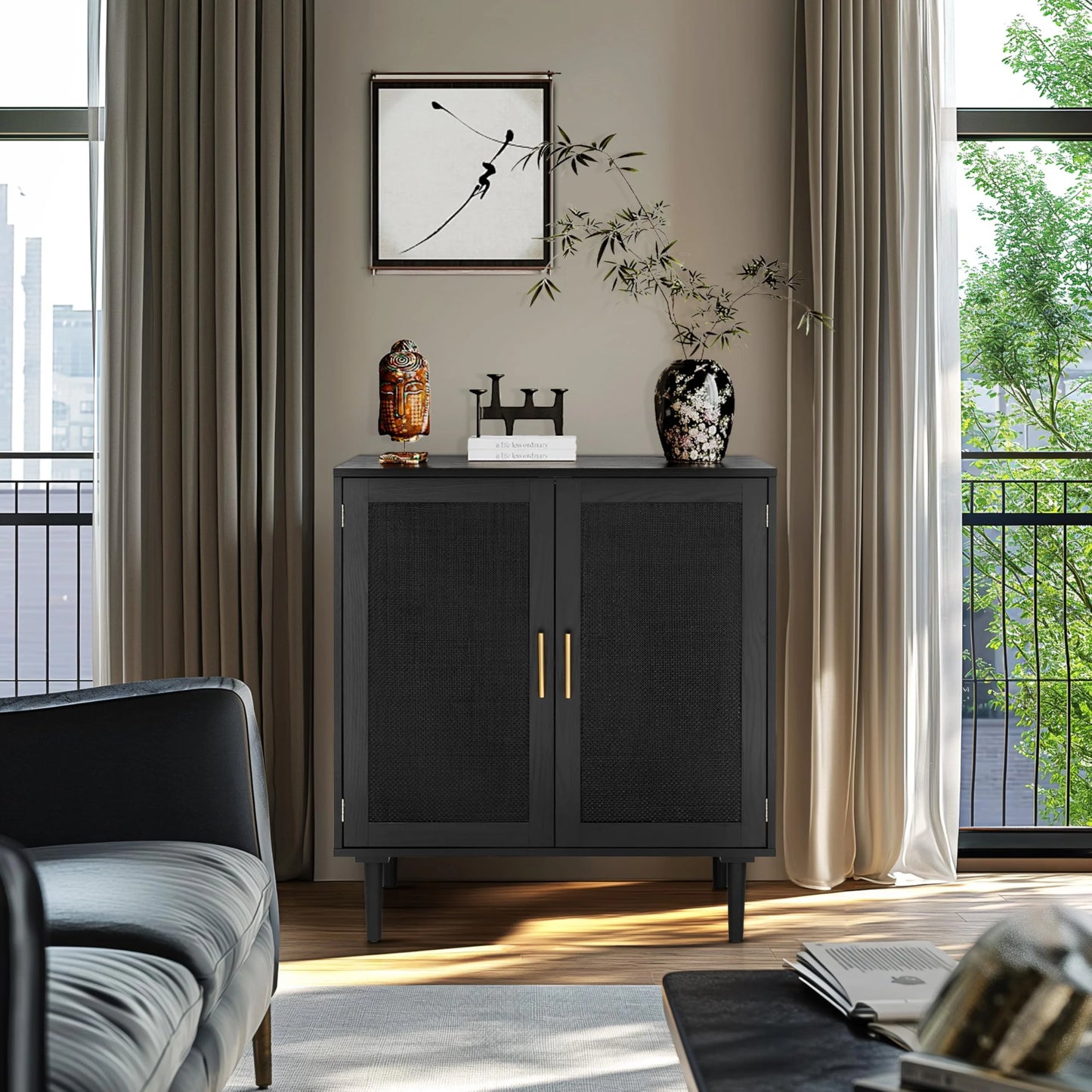 Finnhomy Sideboard Buffet Kitchen Storage Cabinet with Black Painted Rattan Decorated Doors, Black - View 6