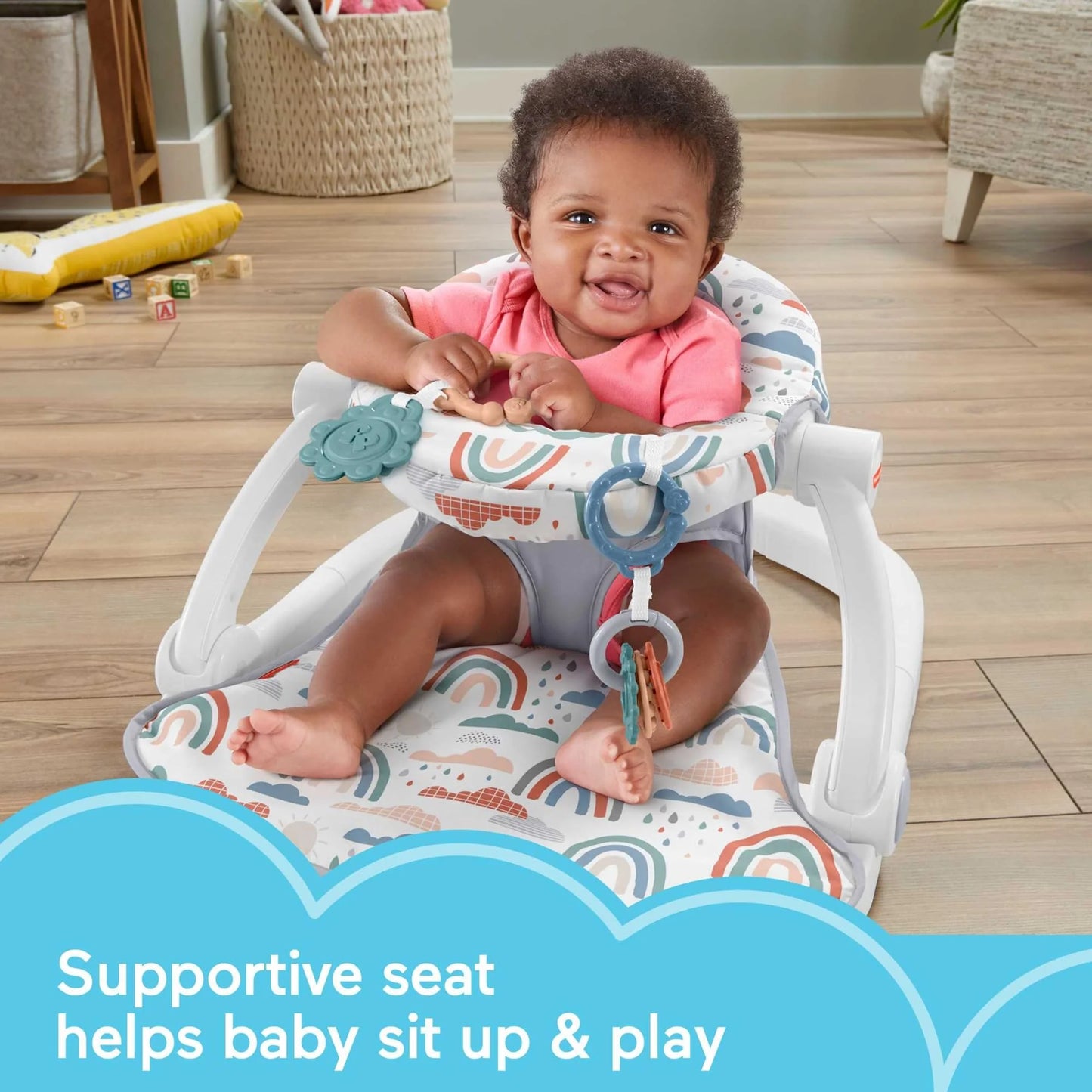 Rainbow Showers Fabric Fisher-Price Portable Baby Chair Sit-Me-Up Floor Seat with Developmental Toys & Machine Washable Seat Pad, Rainbow Showers, Good Condition condition - View 2