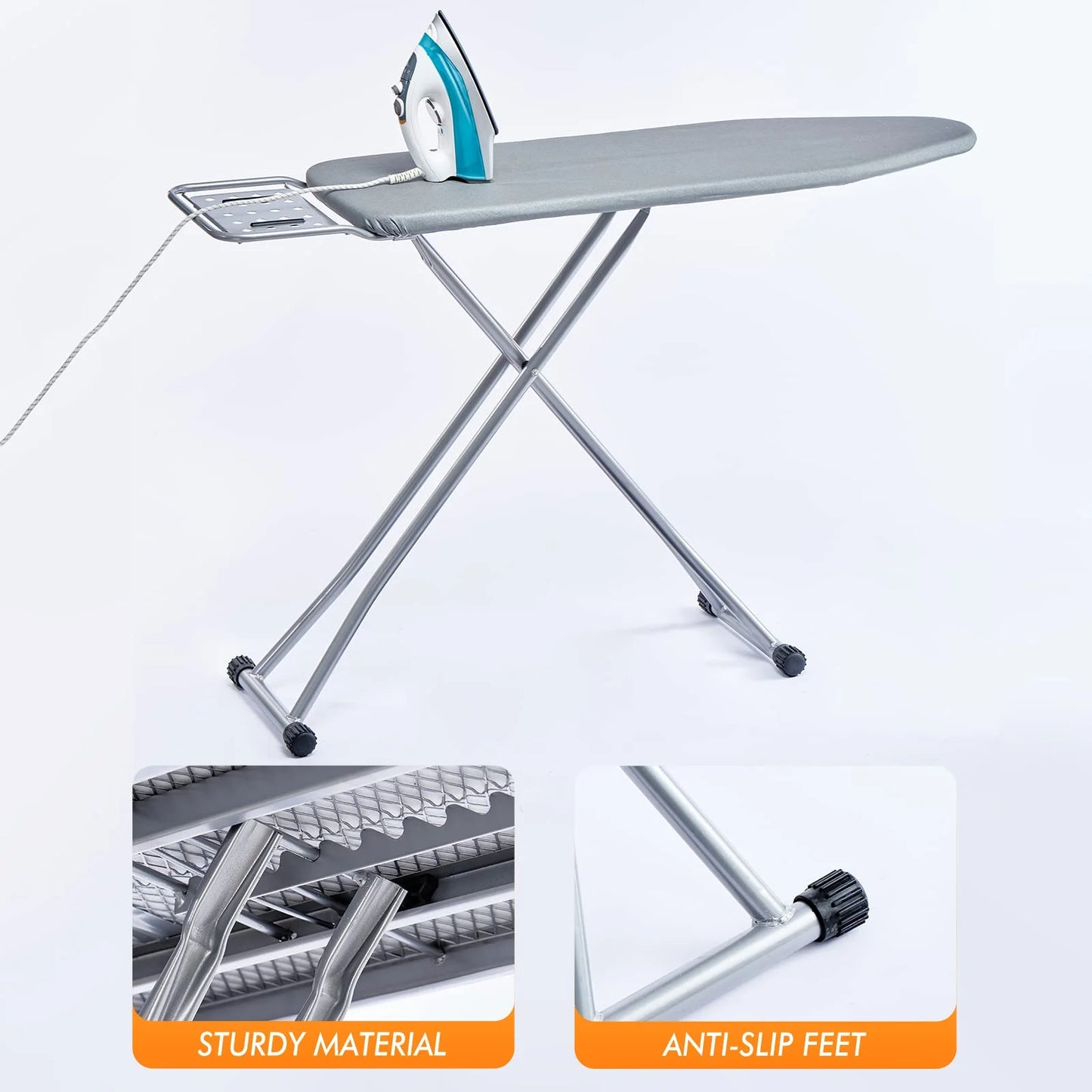 Silver Gray Metal Frame Foldable Ironing Board with Heat Resistant Cover, Steam Iron Rest and Non-Slip Legs - Sturdy Metal Frame (13 x 34 x 53 Inches) (Silver Gray), Brand New condition - View 5