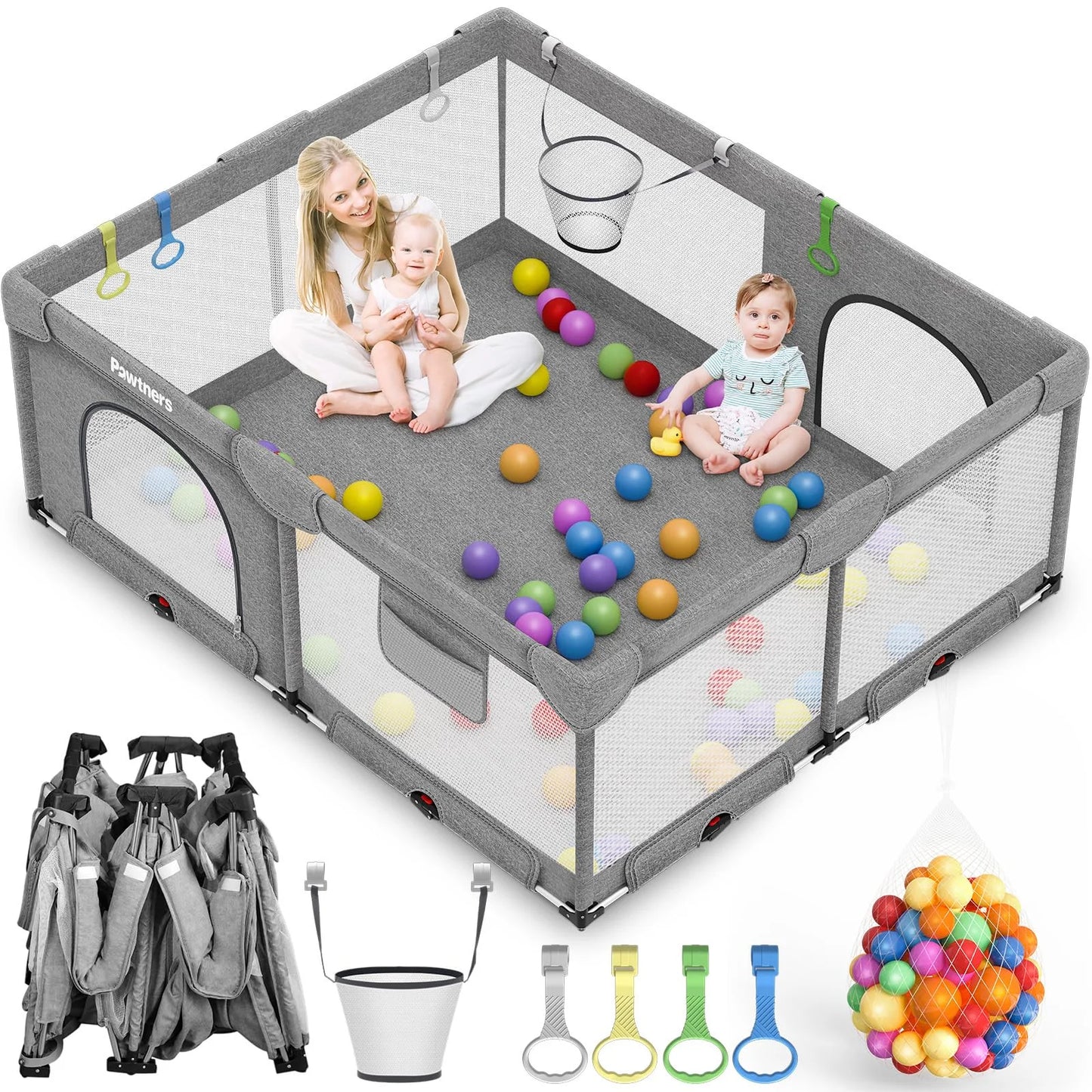 N/A Plastic Foldable Playpen for Babies and Toddlers: 71"L x 59"W x 27"H, Large Kids Playpen, Portable Baby Play Yard for Indoor and Outdoor Play Area, Baby Gate Playpen with 50PCS Ocean Ball, 4 Handles, 1 Basket, Good Condition condition - View 1