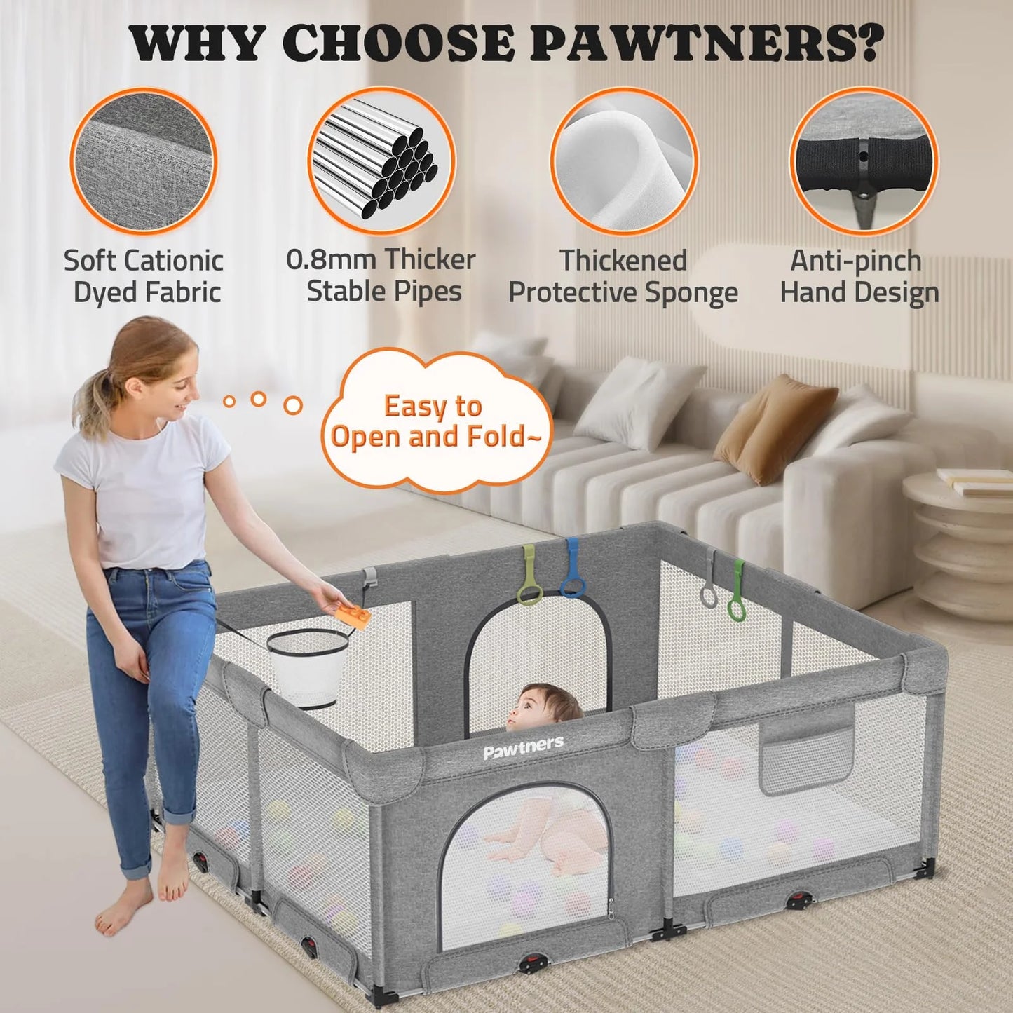 N/A Plastic Foldable Playpen for Babies and Toddlers: 71"L x 59"W x 27"H, Large Kids Playpen, Portable Baby Play Yard for Indoor and Outdoor Play Area, Baby Gate Playpen with 50PCS Ocean Ball, 4 Handles, 1 Basket, Good Condition condition - View 6