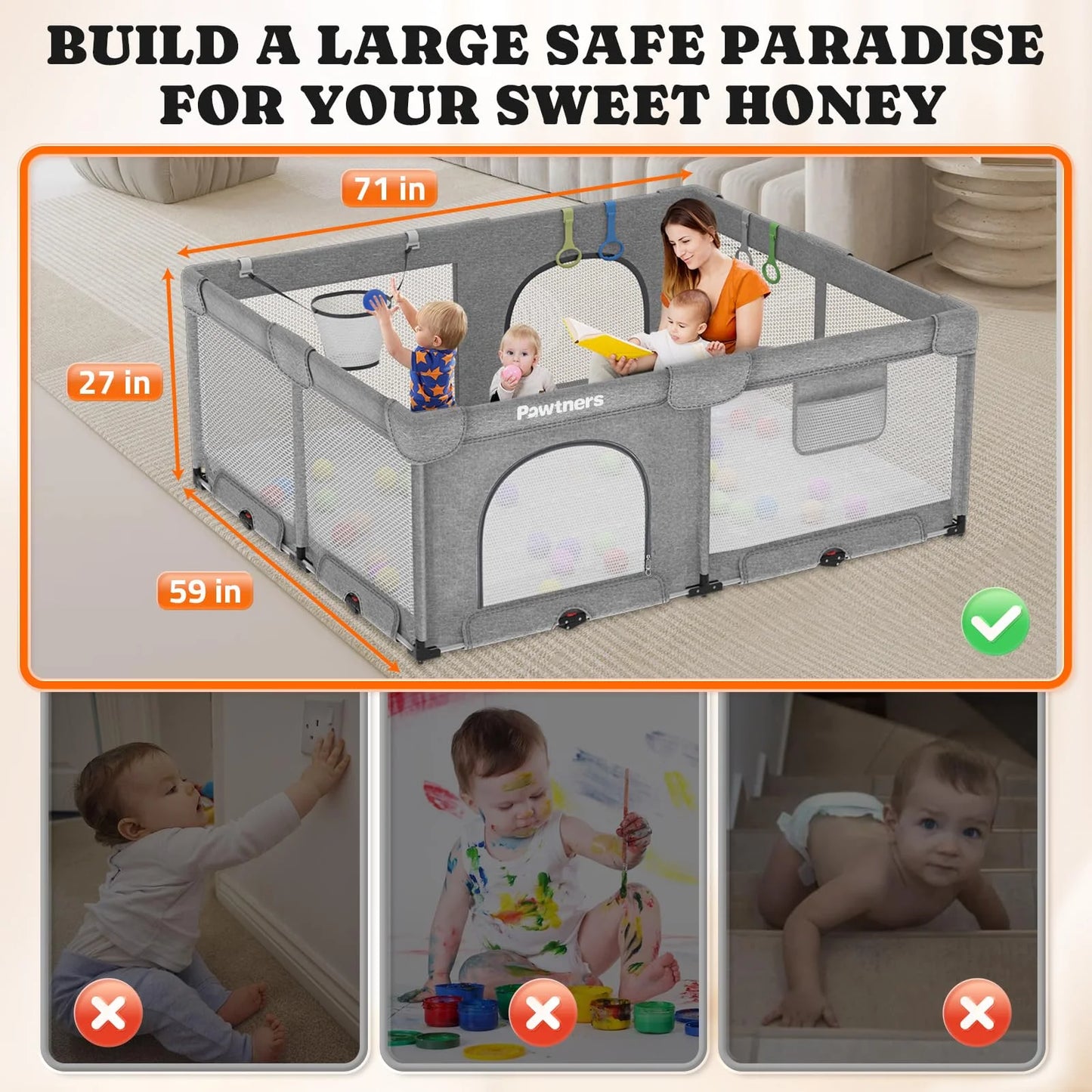 N/A Plastic Foldable Playpen for Babies and Toddlers: 71"L x 59"W x 27"H, Large Kids Playpen, Portable Baby Play Yard for Indoor and Outdoor Play Area, Baby Gate Playpen with 50PCS Ocean Ball, 4 Handles, 1 Basket, Good Condition condition - View 8