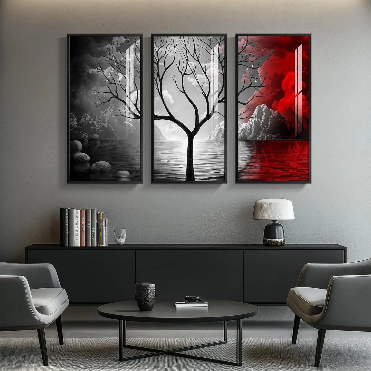 Black, Red Canvas Framed Black and Red Wall Art for Living Room, Large Vertical 3 Piece Red Modern Artwork for Walls, Dark Academia Tree Pictures Prints for Bedroom Office Wall Decor, Brand New condition - View 4