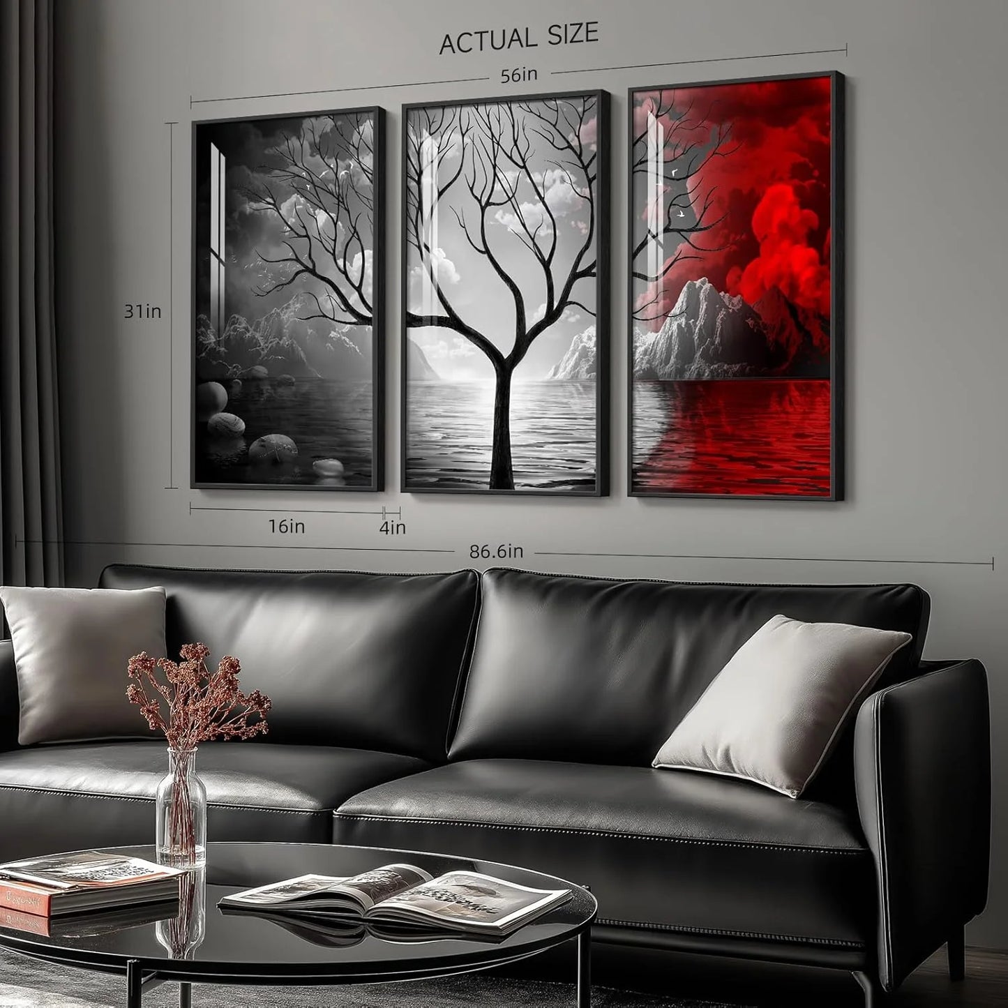 Black, Red Canvas Framed Black and Red Wall Art for Living Room, Large Vertical 3 Piece Red Modern Artwork for Walls, Dark Academia Tree Pictures Prints for Bedroom Office Wall Decor, Brand New condition - View 5