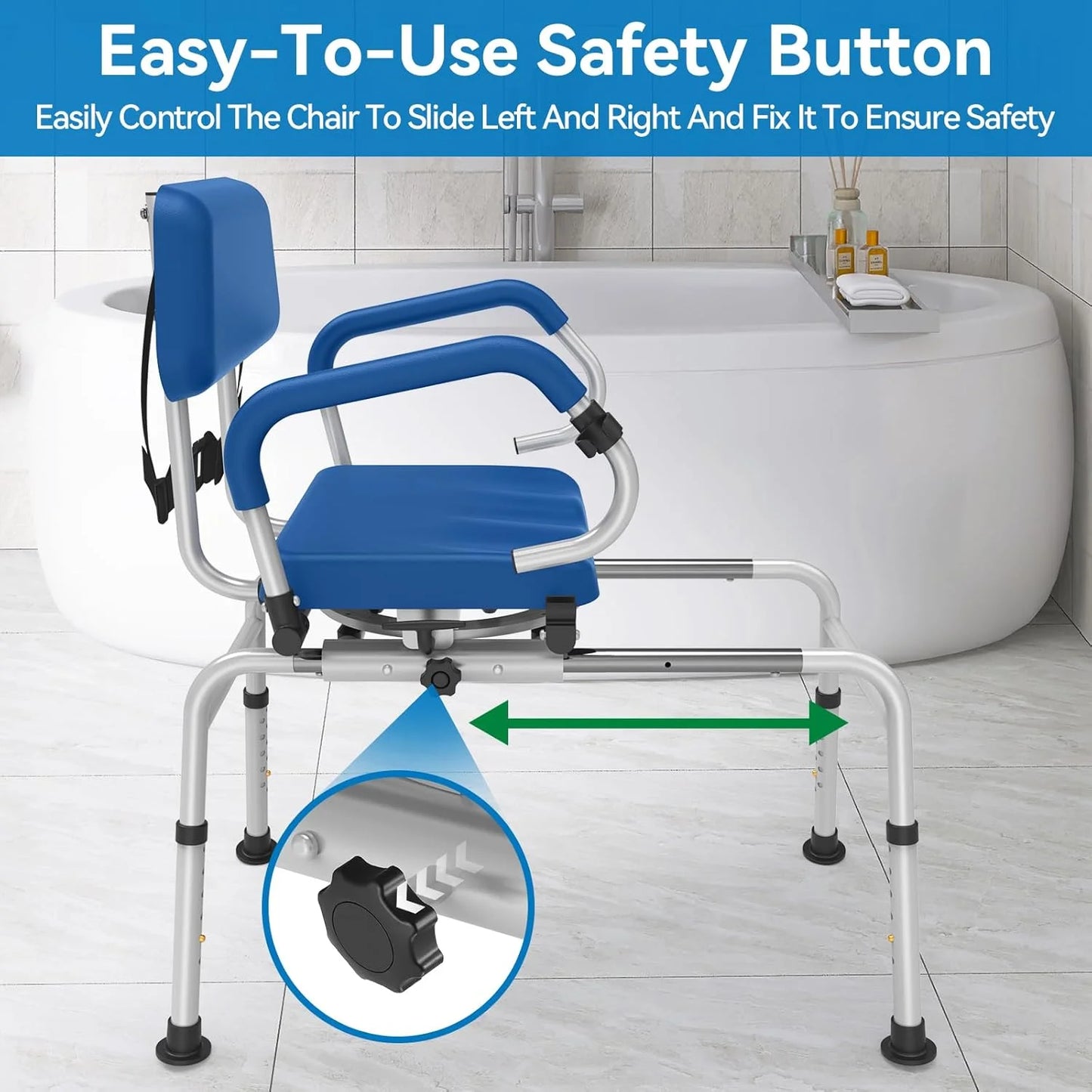 Blue N/A FSA/HSA Eligible Sliding Shower Chair Tub Transfer Bench for Bathtub with Swivel Seat, Padded Shower Bench with Pivoting Arms, Height Adjustable Shower Seat, 350 lbs, Blue, Standard, Good Condition condition - View 5