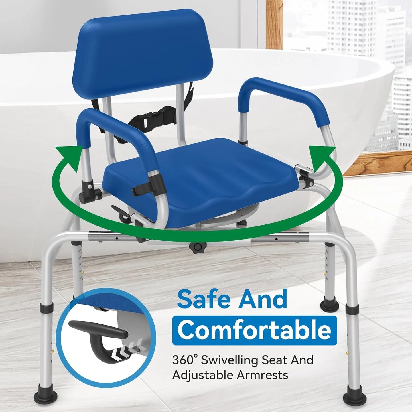 Blue N/A FSA/HSA Eligible Sliding Shower Chair Tub Transfer Bench for Bathtub with Swivel Seat, Padded Shower Bench with Pivoting Arms, Height Adjustable Shower Seat, 350 lbs, Blue, Standard, Good Condition condition - View 6