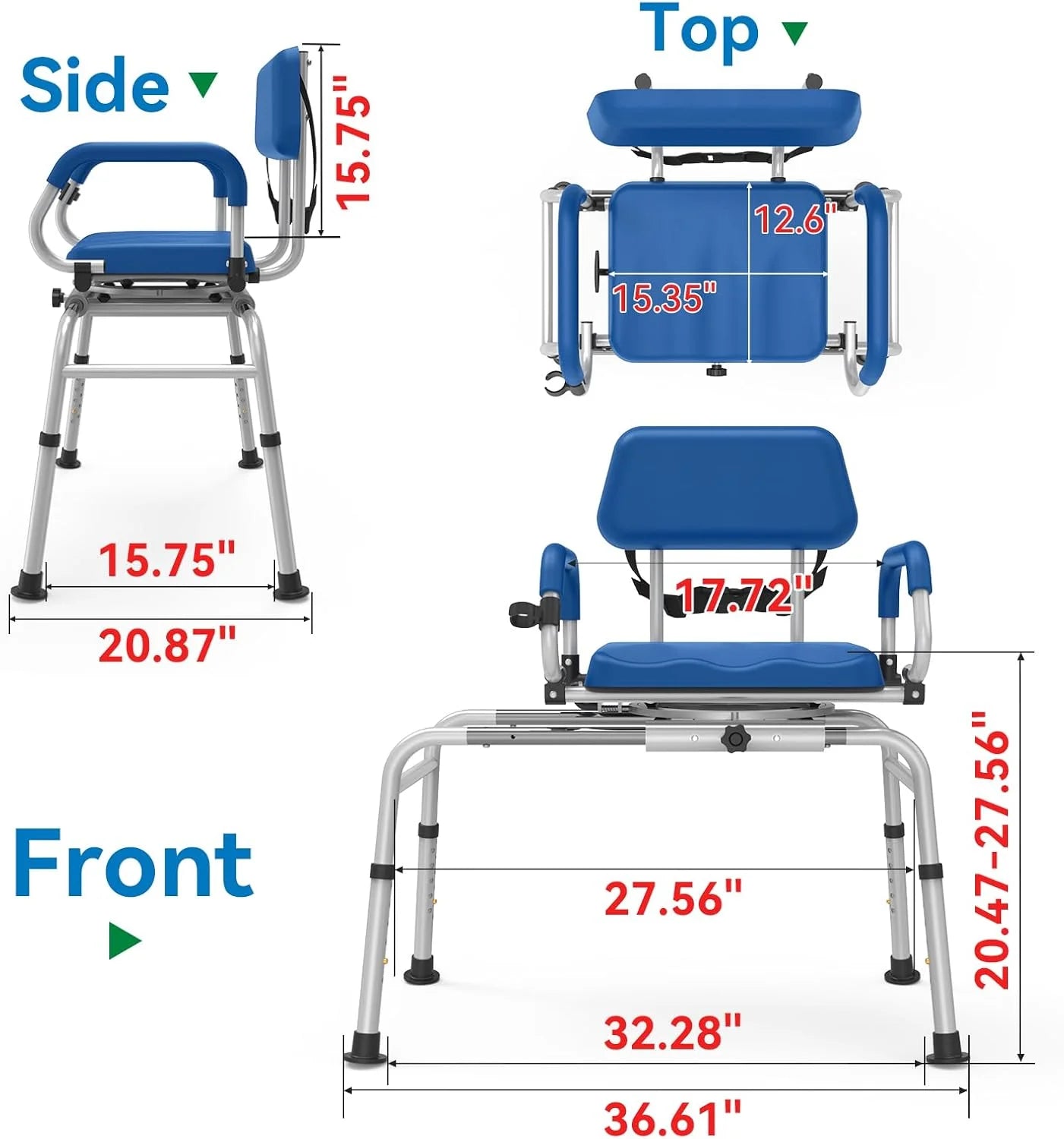 Sliding Shower Chair Tub Transfer Bench with Swivel Seat, Blue - View 8