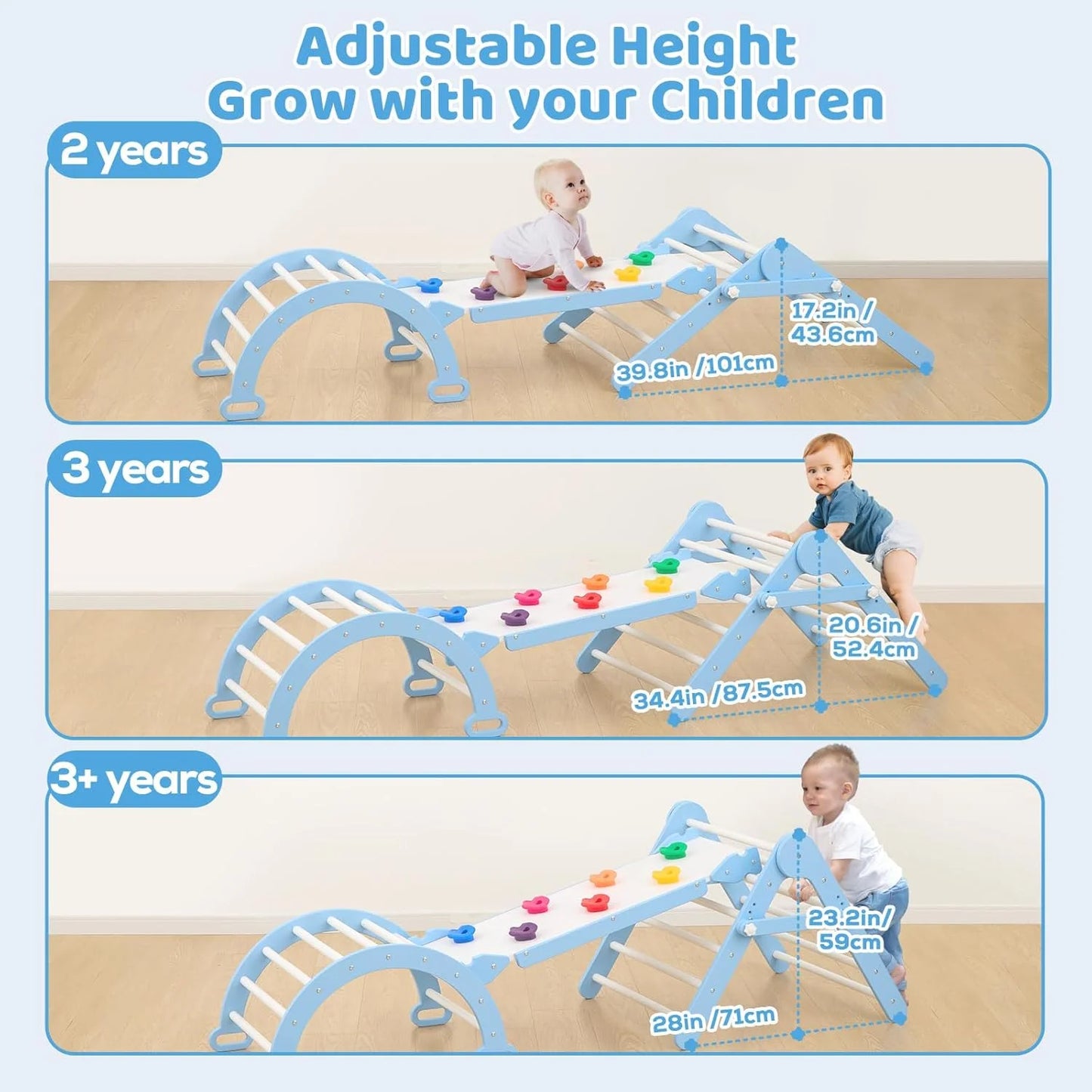Blue Solid Wood FUNLIO Foldable Pikler Triangle Set, Montessori Climbing Set with Solid Wood for Toddlers 2-6 yrs, Adjustable 3-in-1 Indoor Play Gym with Arch/Slide/Climbing Rock/Triangle, Easy to Install - Blue, As Is condition - View 4