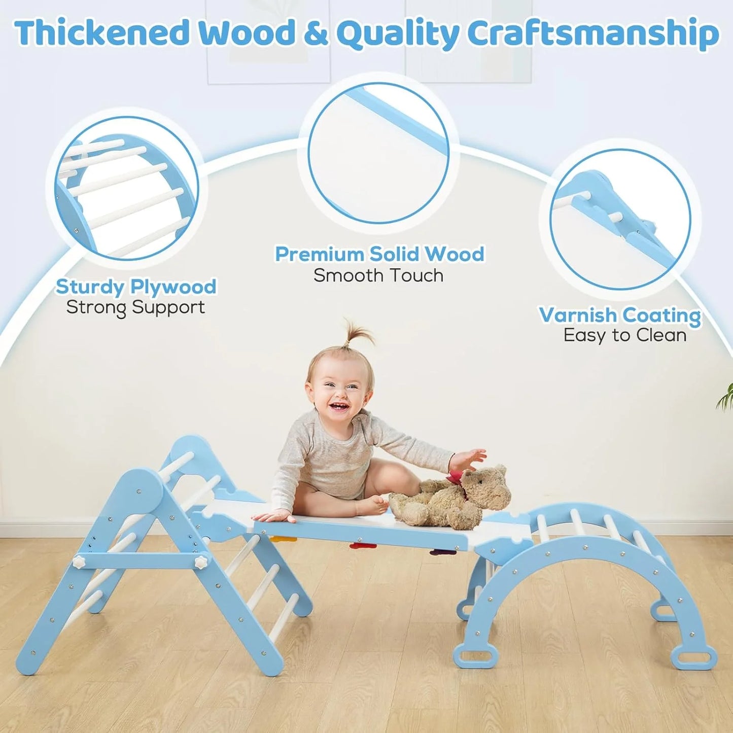 Blue Solid Wood FUNLIO Foldable Pikler Triangle Set, Montessori Climbing Set with Solid Wood for Toddlers 2-6 yrs, Adjustable 3-in-1 Indoor Play Gym with Arch/Slide/Climbing Rock/Triangle, Easy to Install - Blue, As Is condition - View 5