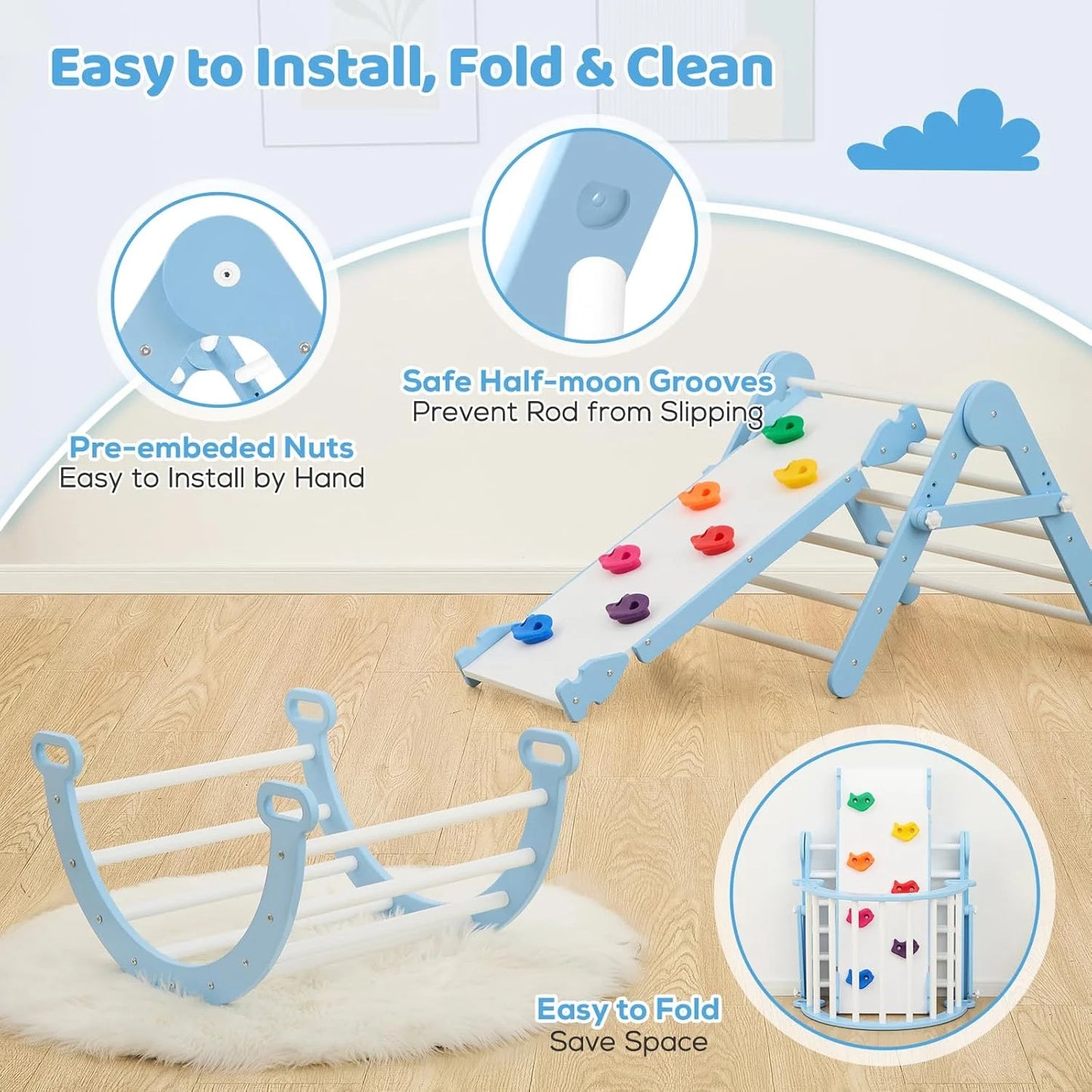 Blue Solid Wood FUNLIO Foldable Pikler Triangle Set, Montessori Climbing Set with Solid Wood for Toddlers 2-6 yrs, Adjustable 3-in-1 Indoor Play Gym with Arch/Slide/Climbing Rock/Triangle, Easy to Install - Blue, As Is condition - View 6
