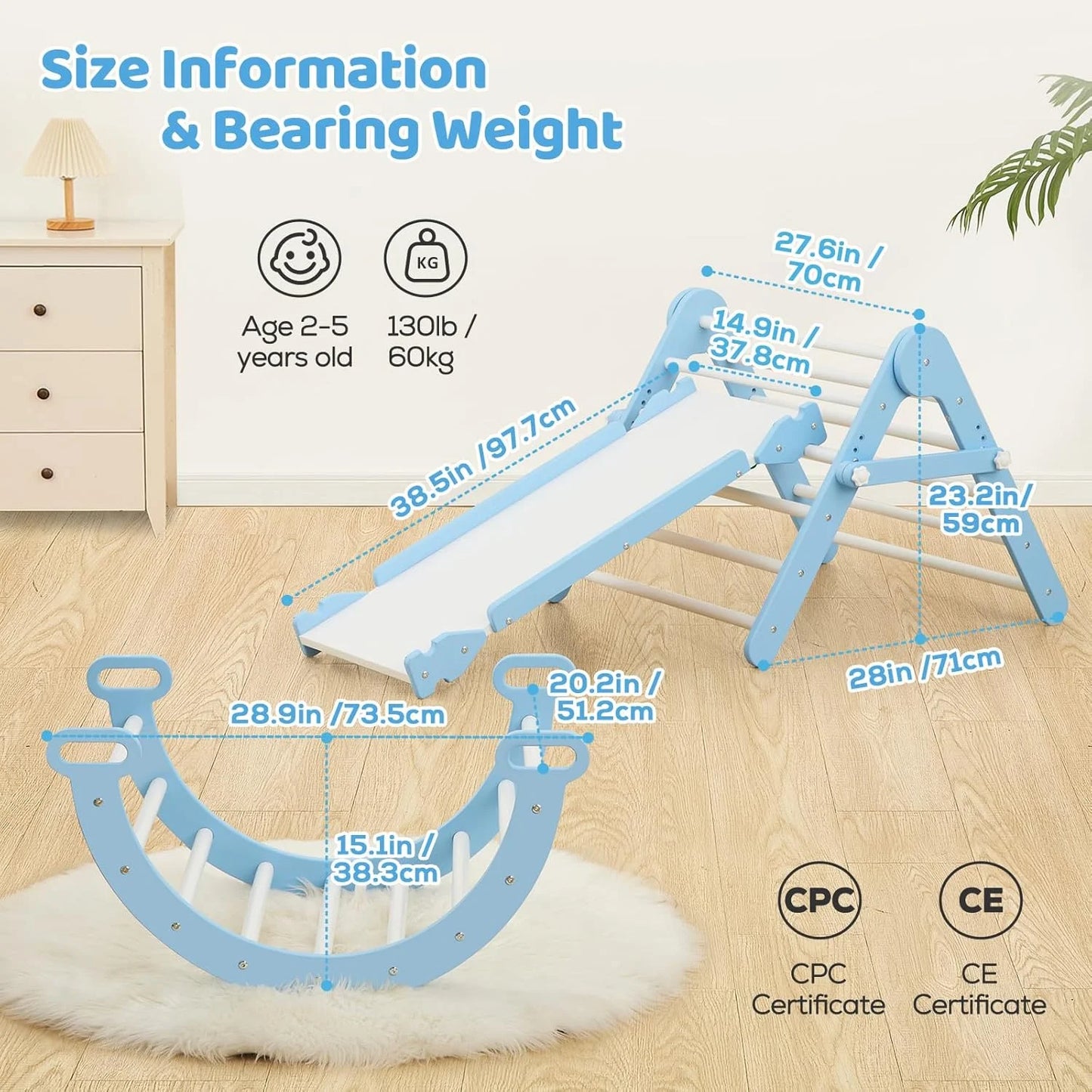 Blue Solid Wood FUNLIO Foldable Pikler Triangle Set, Montessori Climbing Set with Solid Wood for Toddlers 2-6 yrs, Adjustable 3-in-1 Indoor Play Gym with Arch/Slide/Climbing Rock/Triangle, Easy to Install - Blue, As Is condition - View 8