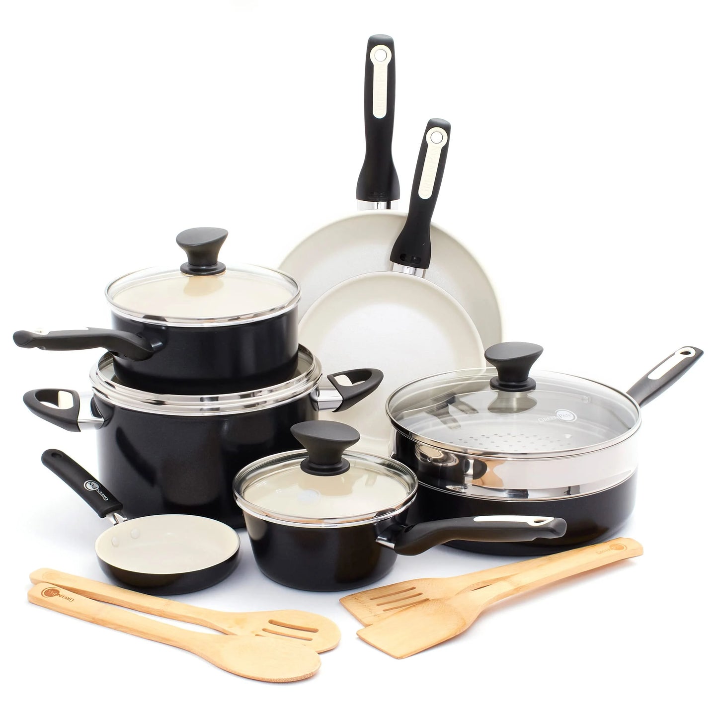 Black Ceramic GreenPan Rio Healthy Ceramic Nonstick 16 Piece Cookware Pots and Pans Set, PFAS-Free, Dishwasher Safe, Black, Good Condition condition - View 1