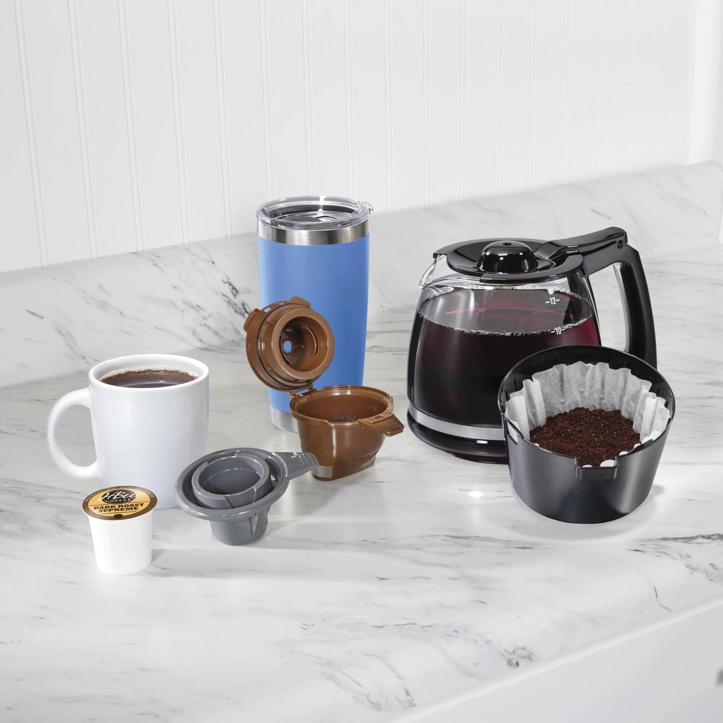 Black Mixed Materials Hamilton Beach FlexBrew Trio 2-Way Coffee Maker, Compatible with K-Cup Pods or Grounds, Combo, Single Serve & Full 12c Pot, Black - Fast Brewing (49902), Good Condition condition - View 9