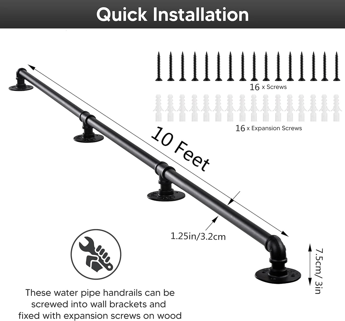 Matte Black Iron Pipe Handrail for Indoor Stairs - 10 Feet Wall Mount Industrial Iron Pipe - Metal Railing Non-Slip Grab Bar - Stairs Porch Deck Hand Rail Matte Black, Good Condition condition - View 6