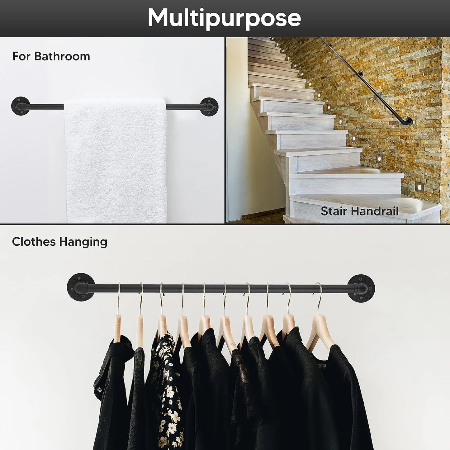 Matte Black Iron Pipe Handrail for Indoor Stairs - 10 Feet Wall Mount Industrial Iron Pipe - Metal Railing Non-Slip Grab Bar - Stairs Porch Deck Hand Rail Matte Black, Good Condition condition - View 9
