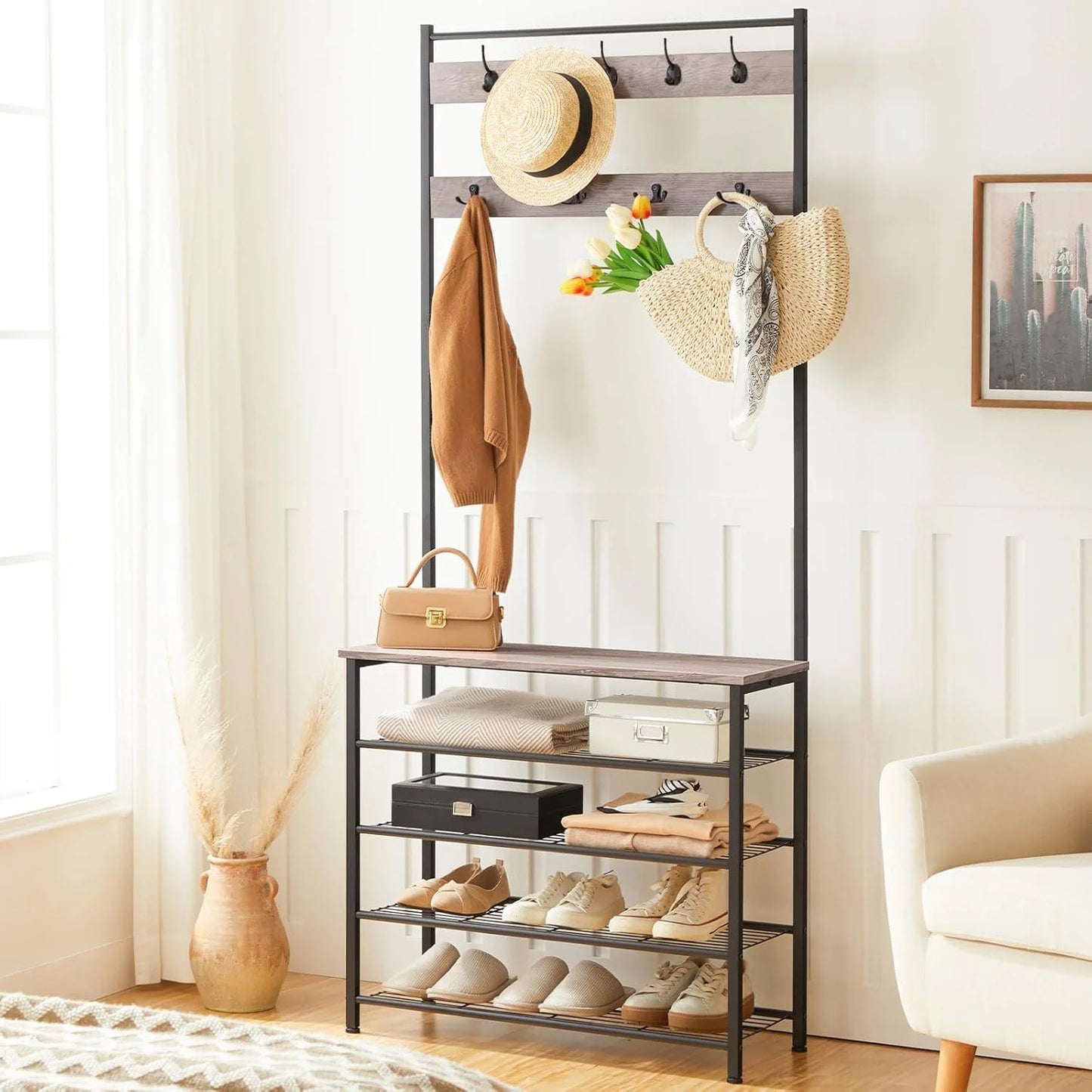 Greige and Black Wood, Metal HOOBRO Hall Tree, Coat Rack with Shoe Rack, Hall Tree with Bench, 5 Tier Shoe Storage Organizer with 9 Hooks for Entryway, Closet, Sturdy, Industrial, Greige and Black BG80MT01G2, Brand New condition - View 10