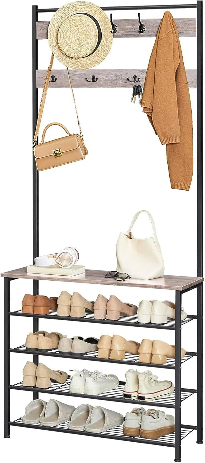 Greige and Black Wood, Metal HOOBRO Hall Tree, Coat Rack with Shoe Rack, Hall Tree with Bench, 5 Tier Shoe Storage Organizer with 9 Hooks for Entryway, Closet, Sturdy, Industrial, Greige and Black BG80MT01G2, Brand New condition - View 11