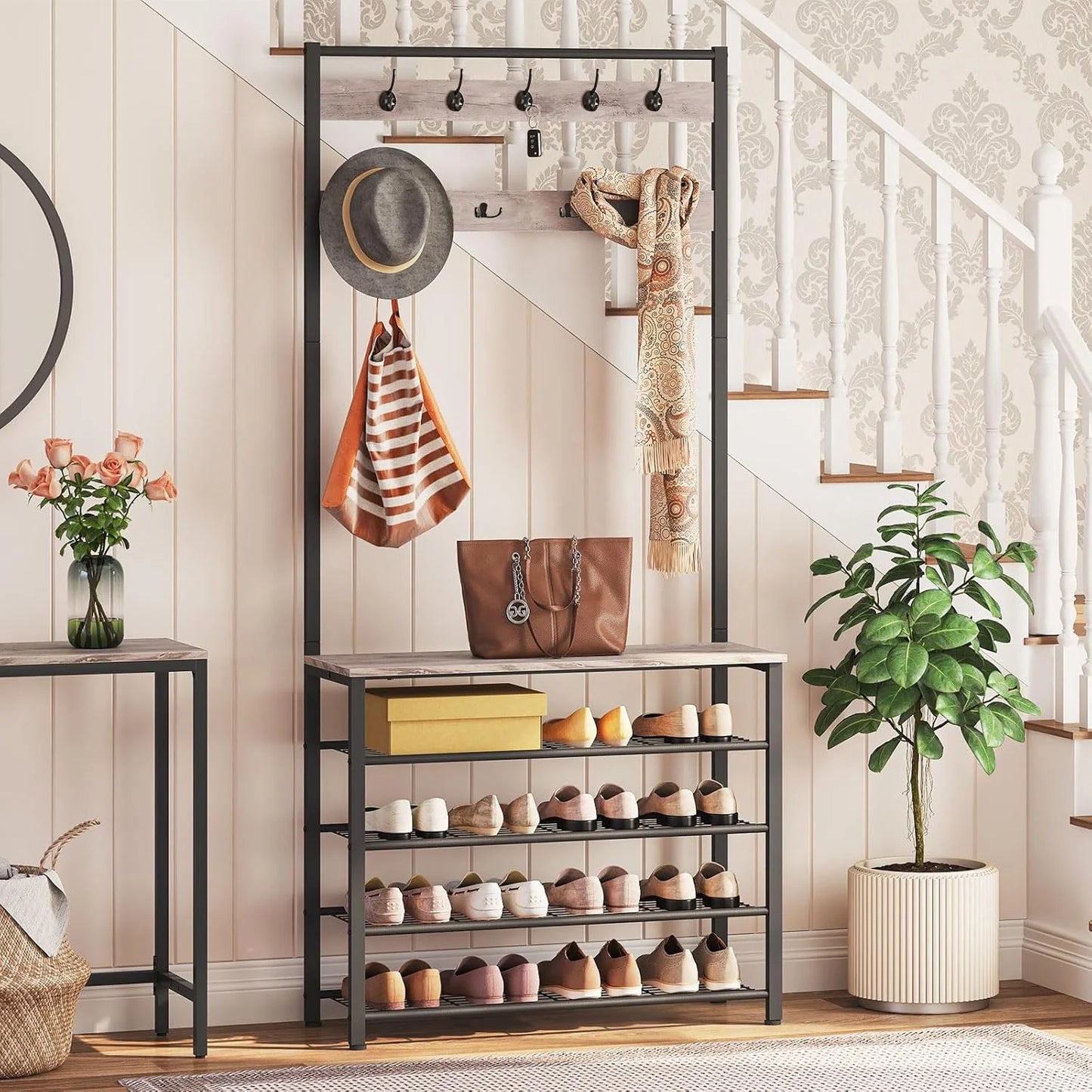 Greige and Black Wood, Metal HOOBRO Hall Tree, Coat Rack with Shoe Rack, Hall Tree with Bench, 5 Tier Shoe Storage Organizer with 9 Hooks for Entryway, Closet, Sturdy, Industrial, Greige and Black BG80MT01G2, Brand New condition - View 4