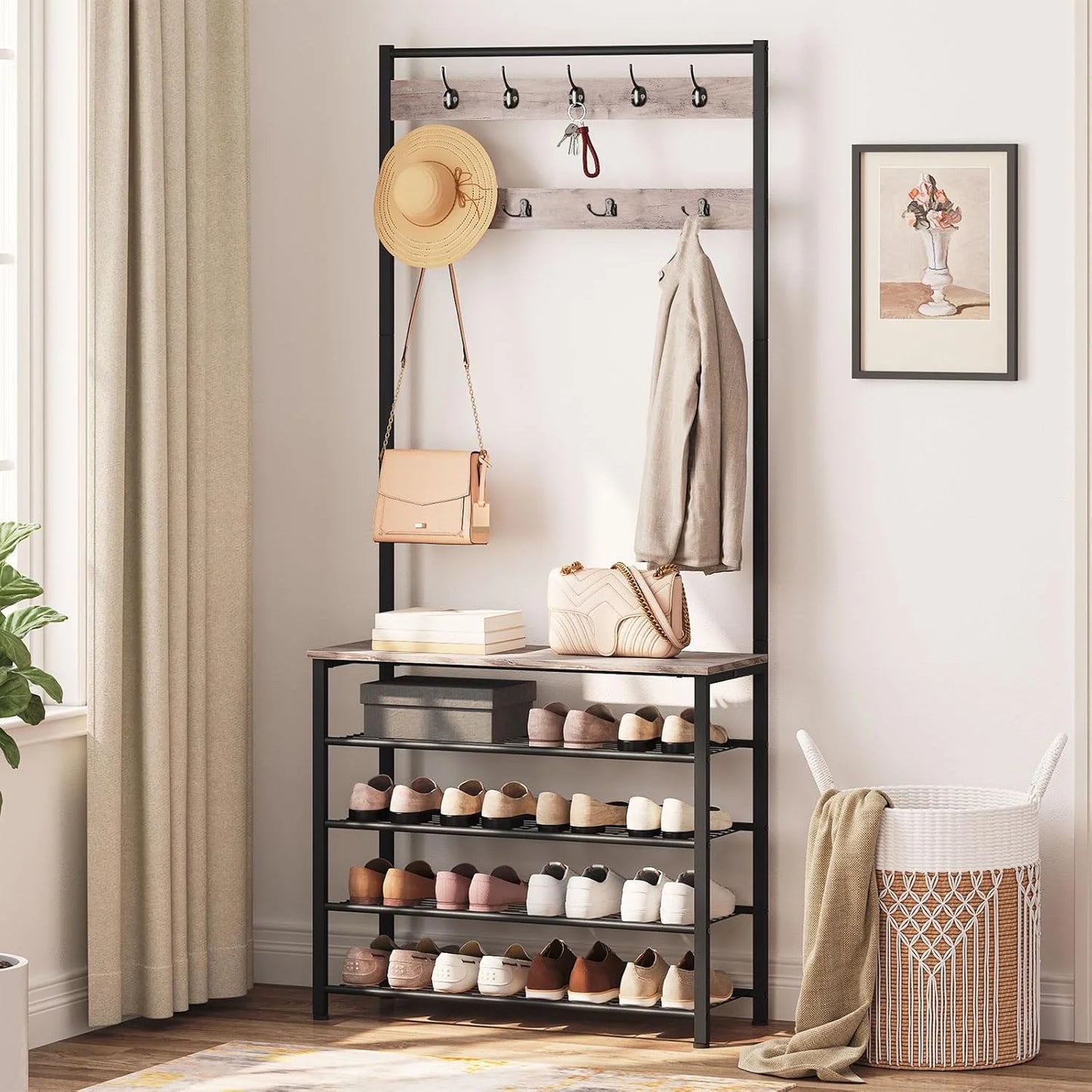 Greige and Black Wood, Metal HOOBRO Hall Tree, Coat Rack with Shoe Rack, Hall Tree with Bench, 5 Tier Shoe Storage Organizer with 9 Hooks for Entryway, Closet, Sturdy, Industrial, Greige and Black BG80MT01G2, Brand New condition - View 5