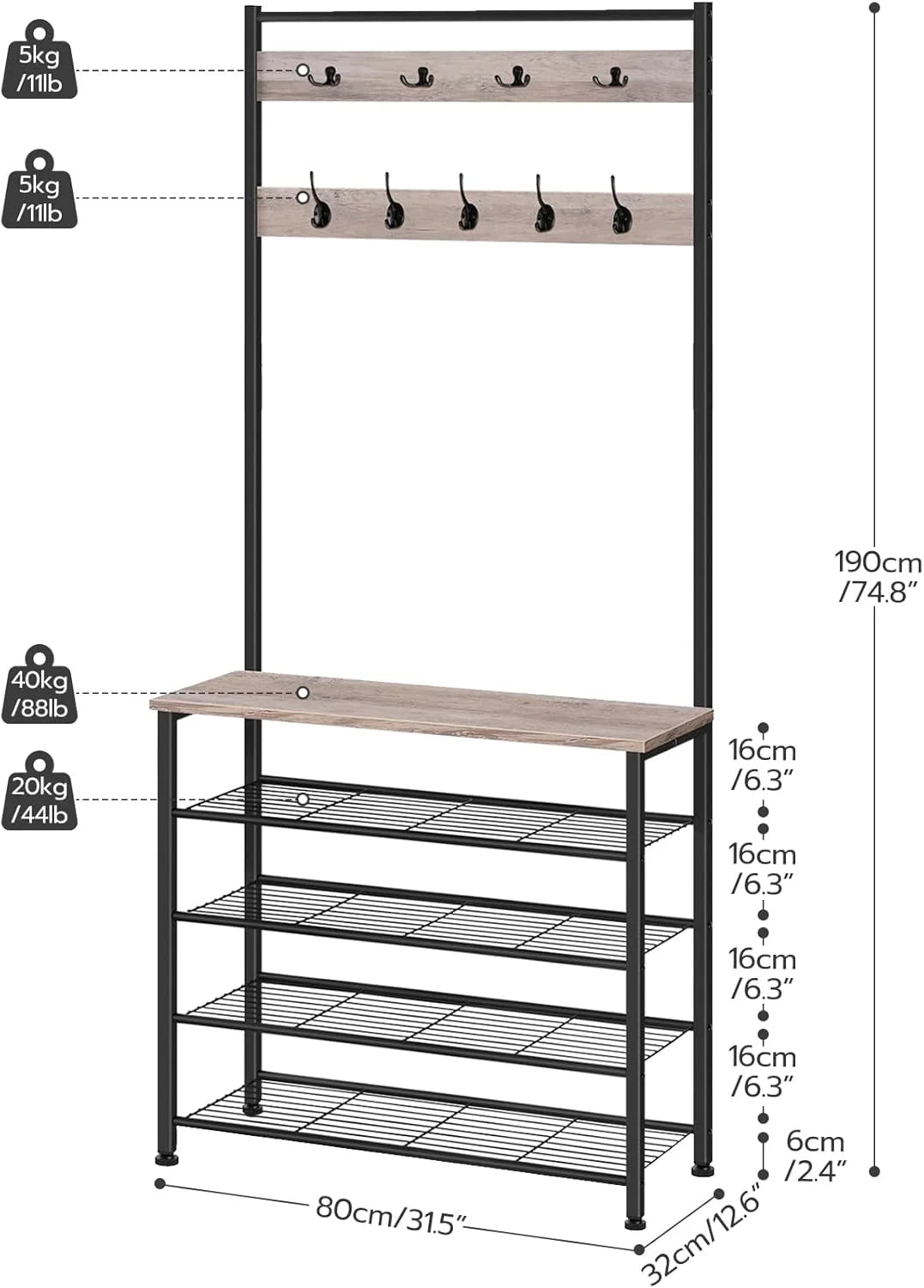 Greige and Black Wood, Metal HOOBRO Hall Tree, Coat Rack with Shoe Rack, Hall Tree with Bench, 5 Tier Shoe Storage Organizer with 9 Hooks for Entryway, Closet, Sturdy, Industrial, Greige and Black BG80MT01G2, Brand New condition - View 6