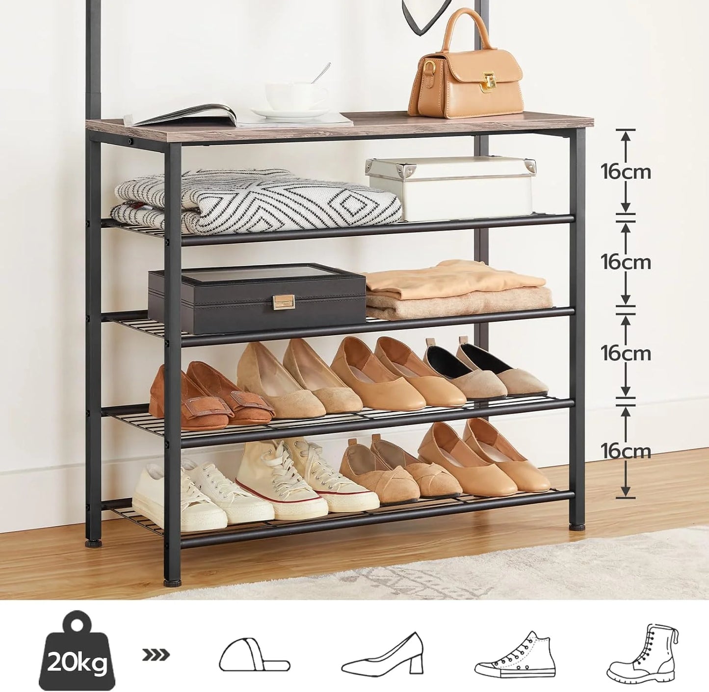 Greige and Black Wood, Metal HOOBRO Hall Tree, Coat Rack with Shoe Rack, Hall Tree with Bench, 5 Tier Shoe Storage Organizer with 9 Hooks for Entryway, Closet, Sturdy, Industrial, Greige and Black BG80MT01G2, Brand New condition - View 7