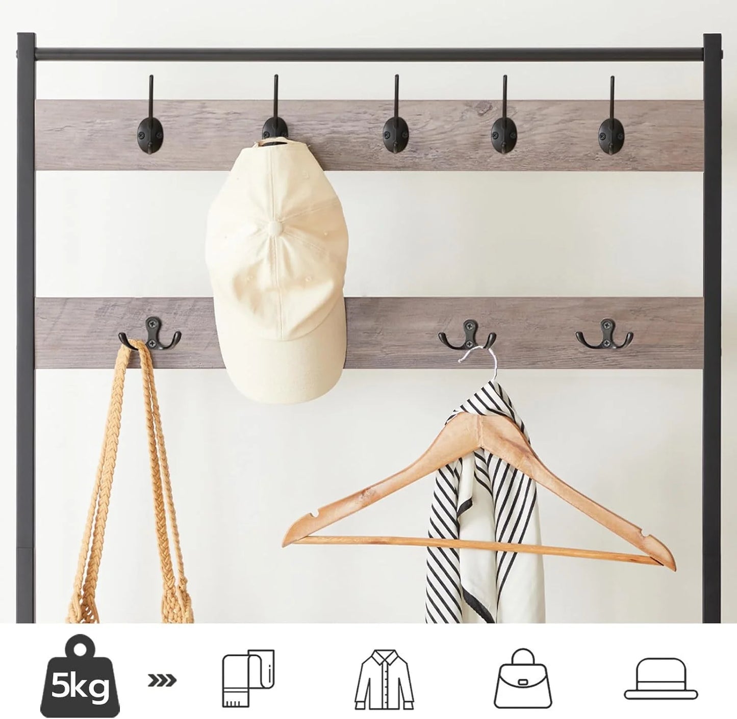 Greige and Black Wood, Metal HOOBRO Hall Tree, Coat Rack with Shoe Rack, Hall Tree with Bench, 5 Tier Shoe Storage Organizer with 9 Hooks for Entryway, Closet, Sturdy, Industrial, Greige and Black BG80MT01G2, Brand New condition - View 8