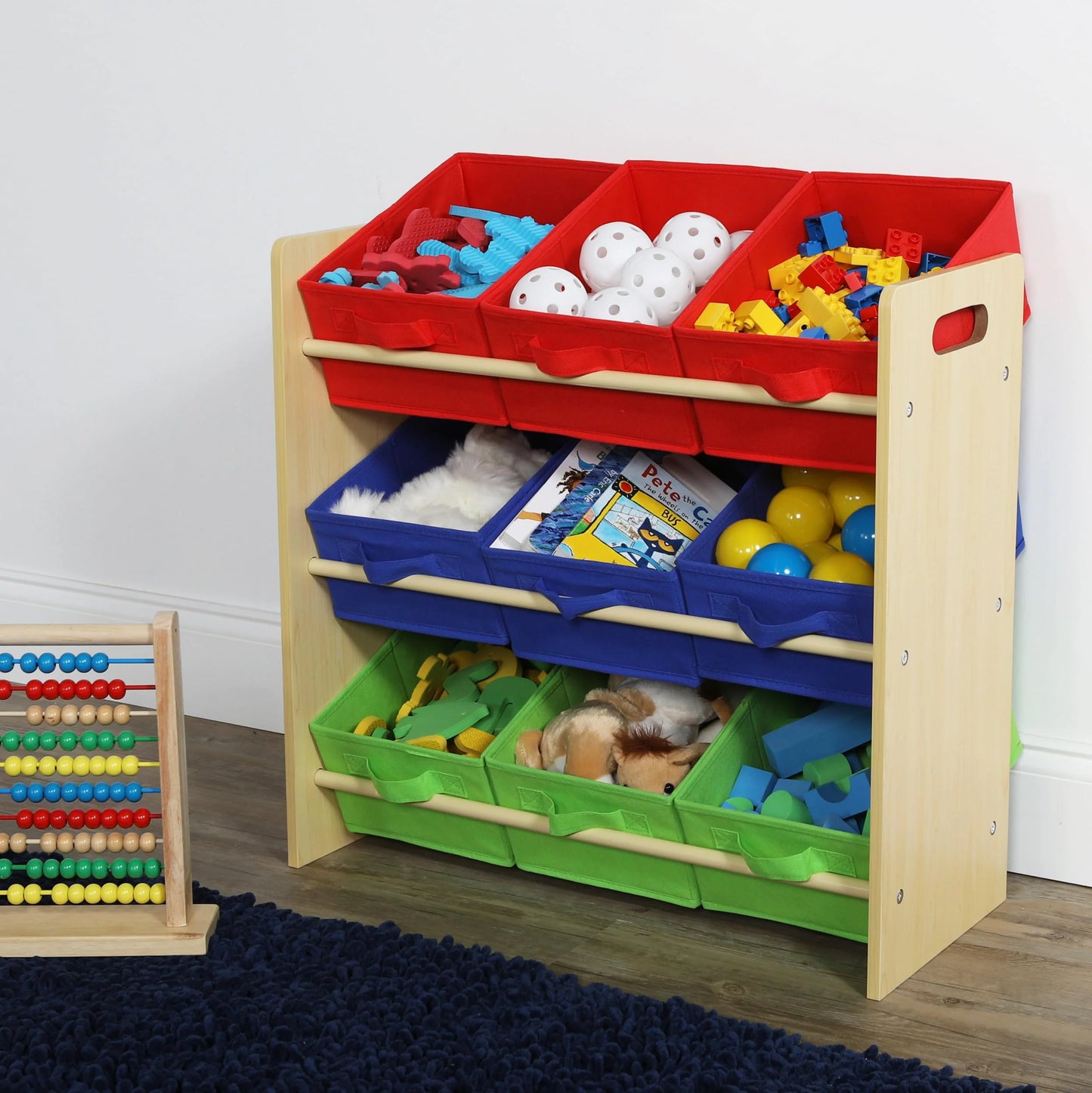 Primary Wood and Fabric Humble Crew Kids Toy Organizer with 9 Fabric Storage Bins, 24" Tall, Primary, Good Condition condition - View 4