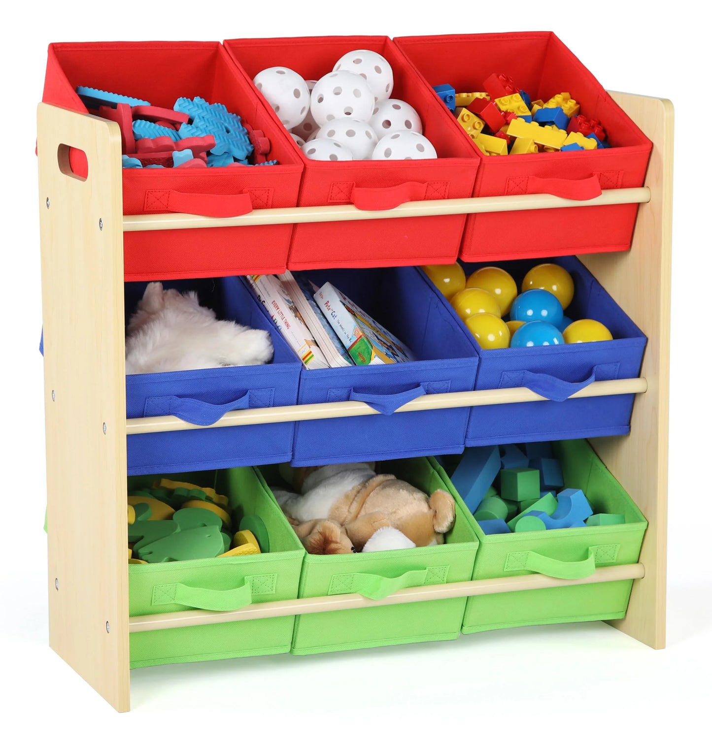 Primary Wood and Fabric Humble Crew Kids Toy Organizer with 9 Fabric Storage Bins, 24" Tall, Primary, Good Condition condition - View 6