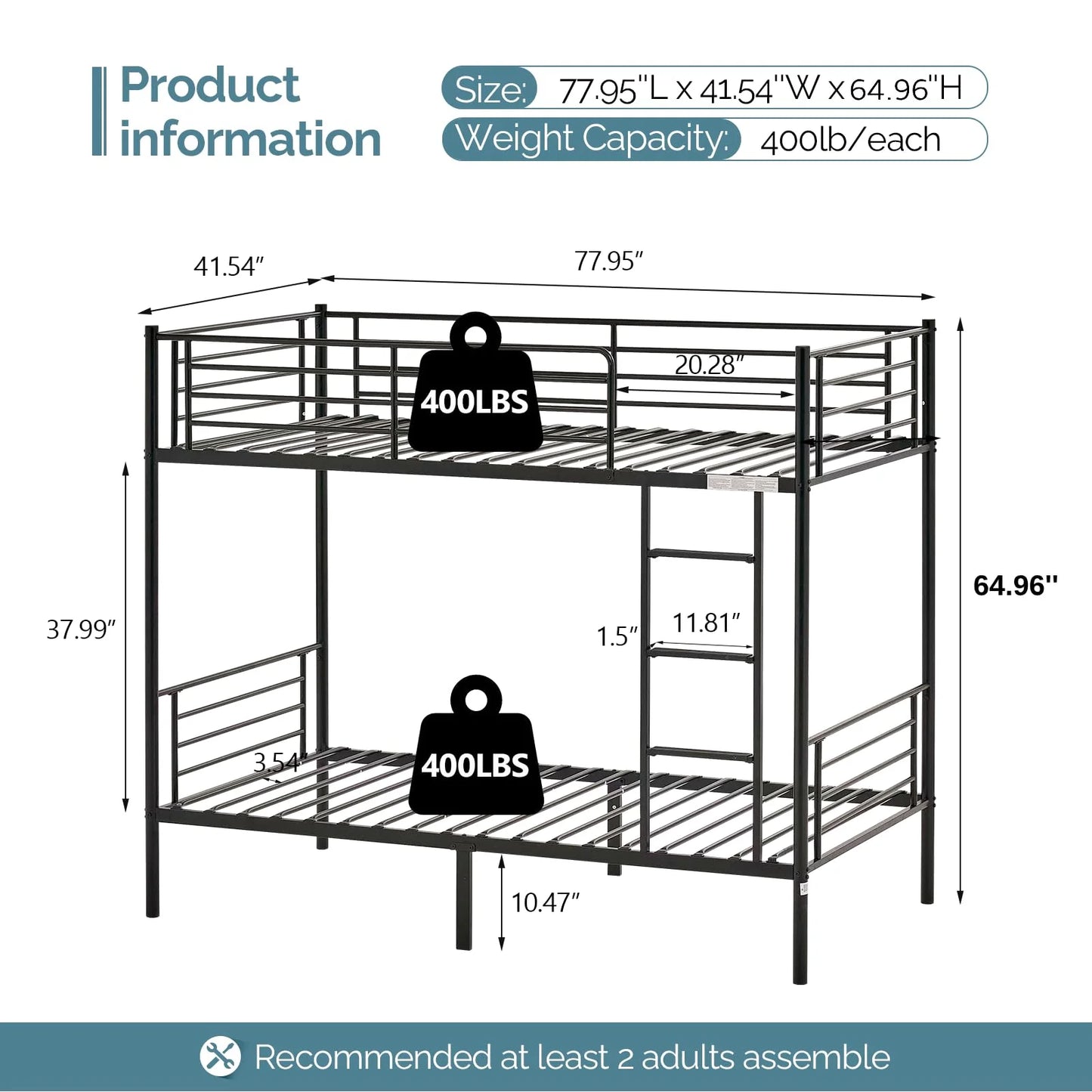 Black Metal VINGLI Bunk Bed Twin Over Twin for Kids, Teens & Adults Bunk Bed with Stairs & Flat Rungs, Heavy Duty Metal Slats, No Box Spring Needed, Black, As Is condition - View 4