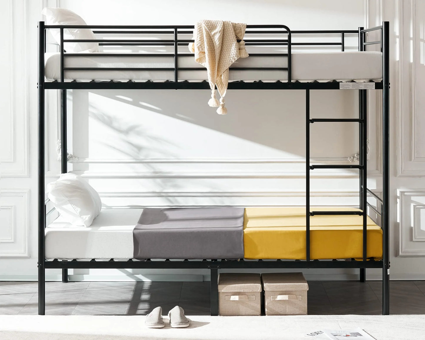 Black Metal VINGLI Bunk Bed Twin Over Twin for Kids, Teens & Adults Bunk Bed with Stairs & Flat Rungs, Heavy Duty Metal Slats, No Box Spring Needed, Black, As Is condition - View 5