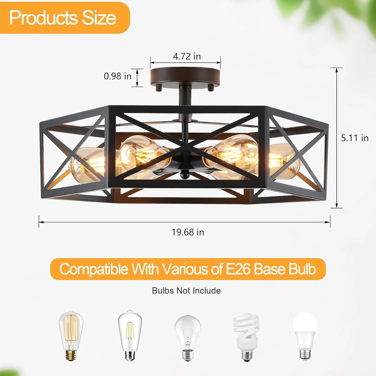 Black Metal Industrial Semi Flush Mount Ceiling Light, 6 Light Modern Metal Close to Ceiling Light Fixture, Farmhouse Light Fixtures Ceiling Mount, Black Chandelier for Kitchen, Dining Room, Hallway, Good Condition condition - View 4