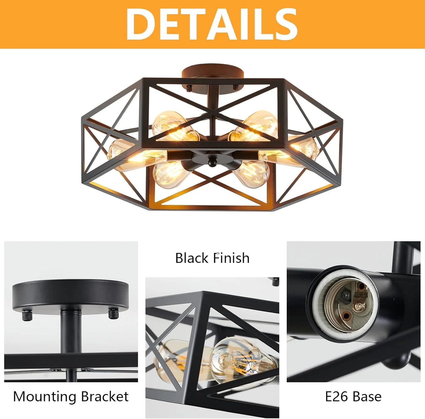 Black Metal Industrial Semi Flush Mount Ceiling Light, 6 Light Modern Metal Close to Ceiling Light Fixture, Farmhouse Light Fixtures Ceiling Mount, Black Chandelier for Kitchen, Dining Room, Hallway, Good Condition condition - View 5
