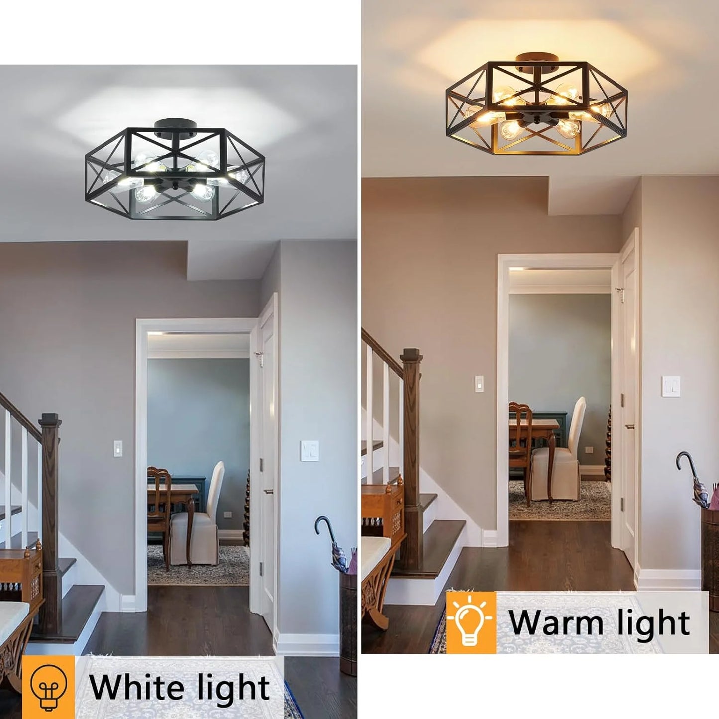 Black Metal Industrial Semi Flush Mount Ceiling Light, 6 Light Modern Metal Close to Ceiling Light Fixture, Farmhouse Light Fixtures Ceiling Mount, Black Chandelier for Kitchen, Dining Room, Hallway, Good Condition condition - View 6