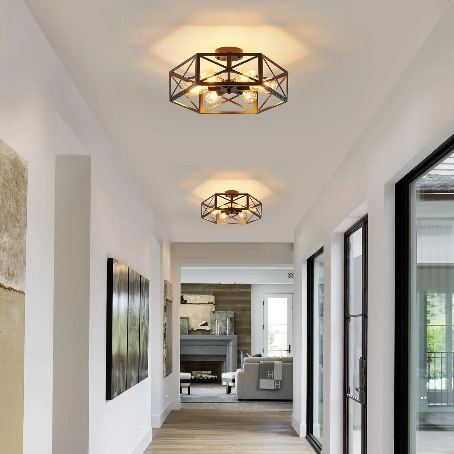 Black Metal Industrial Semi Flush Mount Ceiling Light, 6 Light Modern Metal Close to Ceiling Light Fixture, Farmhouse Light Fixtures Ceiling Mount, Black Chandelier for Kitchen, Dining Room, Hallway, Good Condition condition - View 7