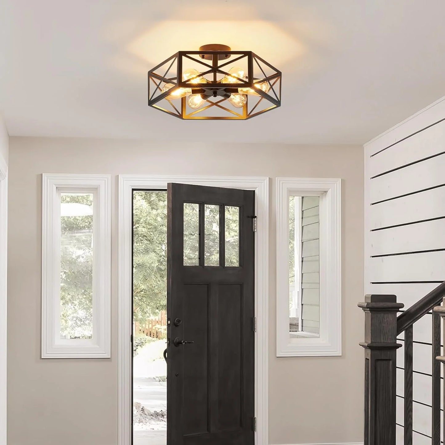 Black Metal Industrial Semi Flush Mount Ceiling Light, 6 Light Modern Metal Close to Ceiling Light Fixture, Farmhouse Light Fixtures Ceiling Mount, Black Chandelier for Kitchen, Dining Room, Hallway, Good Condition condition - View 8