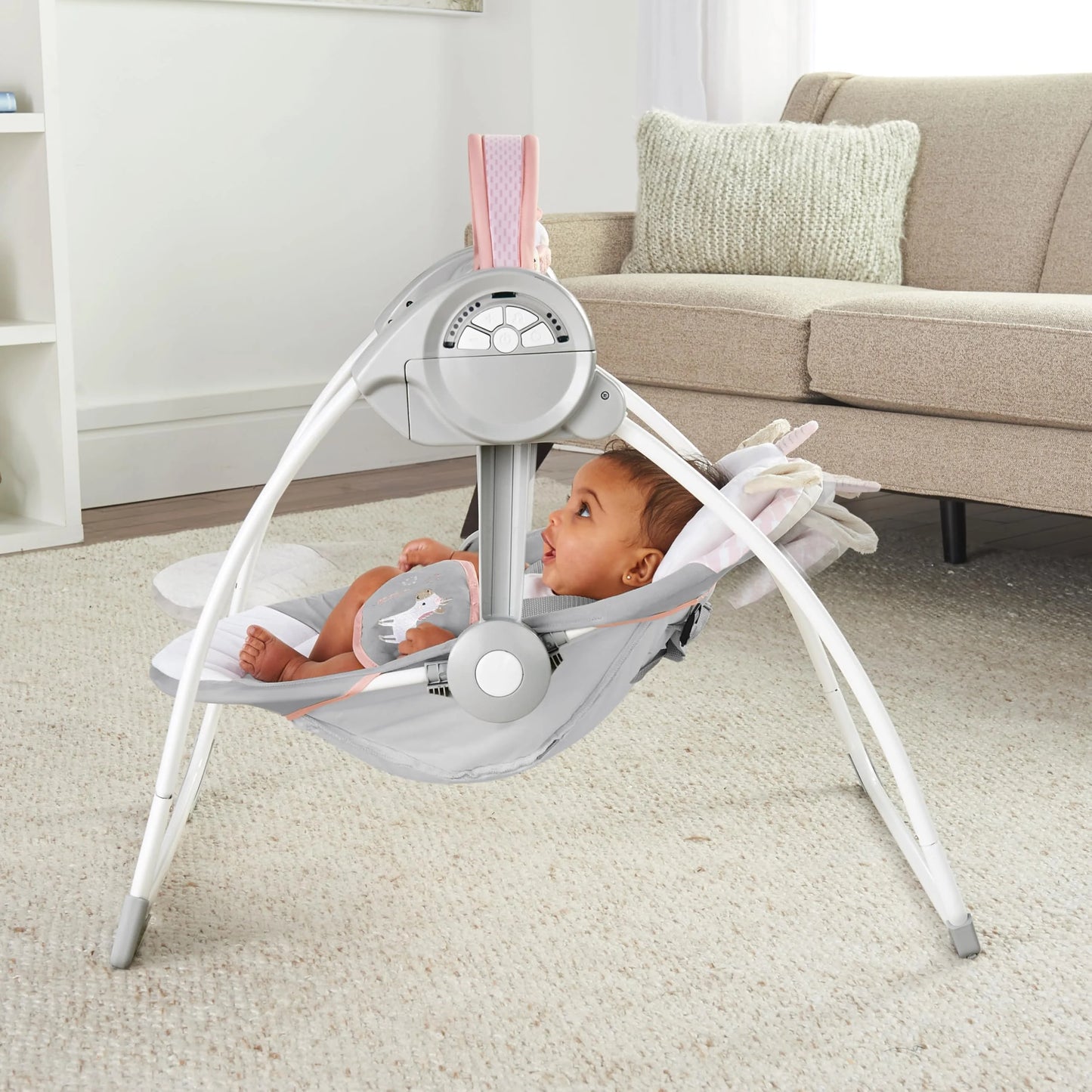 Pink Flora the Unicorn N/A Ingenuity Comfort 2 Go Compact Portable 6-Speed Cushioned Baby Swing with Music, Folds Easy, 0-9 Months 6-20 lbs (Pink Flora the Unicorn), Good Condition condition - View 4