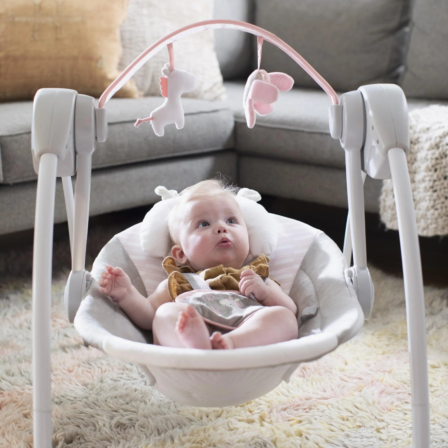 Pink Flora the Unicorn N/A Ingenuity Comfort 2 Go Compact Portable 6-Speed Cushioned Baby Swing with Music, Folds Easy, 0-9 Months 6-20 lbs (Pink Flora the Unicorn), Good Condition condition - View 7