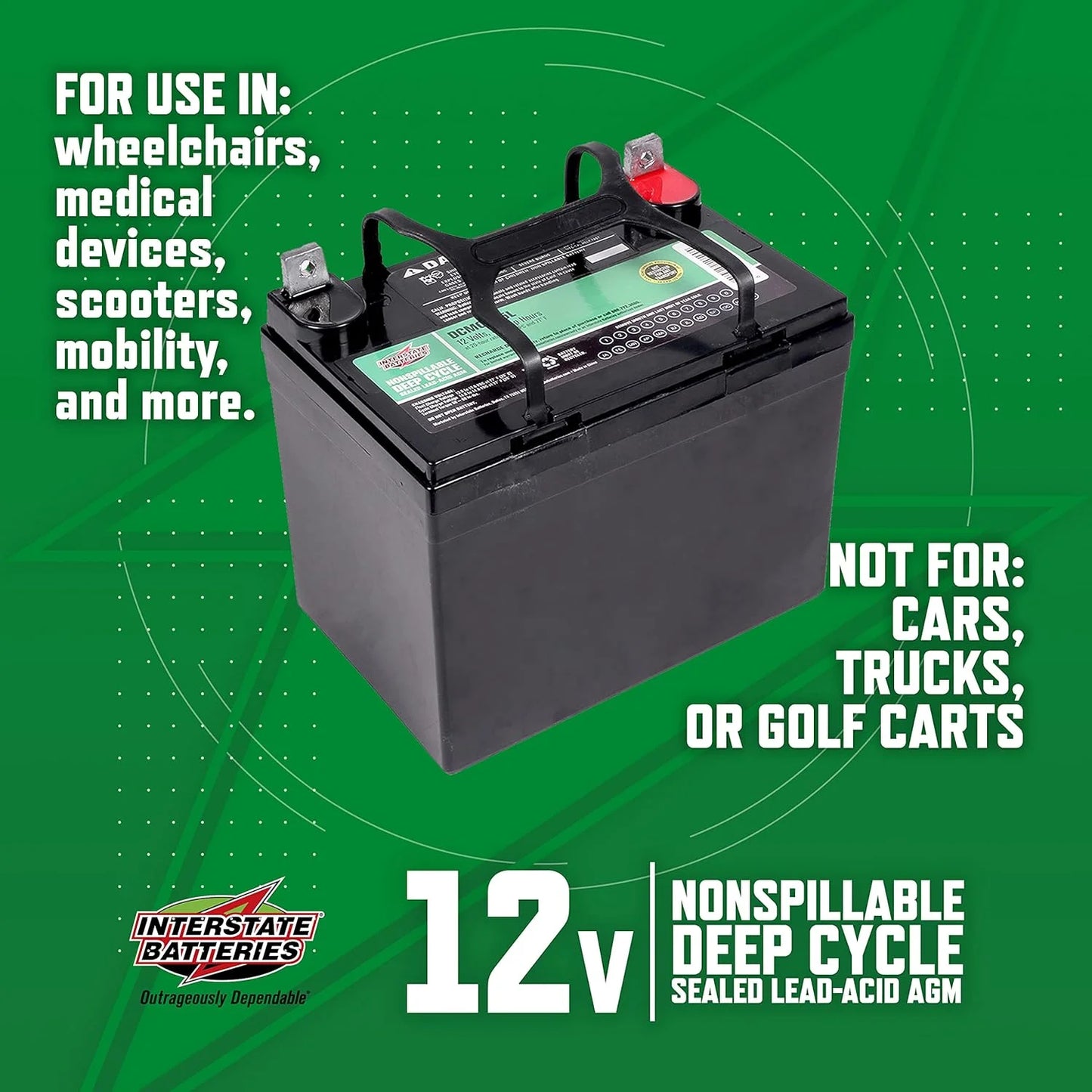 product Interstate Batteries 12V 35Ah Deep Cycle Mobility Battery (Group U1 or GT9L) VRLA SLA AGM (L Terminal) Rechargeable Replacement for Scooters, Medical Devices, Wheelchairs (DCM0035L), Good Condition condition - View 4