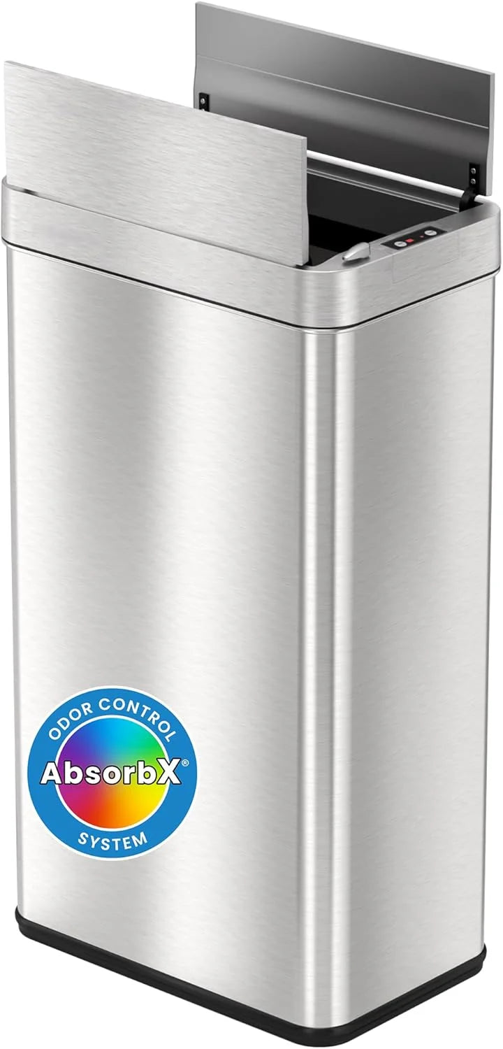 Silver Stainless Steel iTouchless 18 Gallon Wings Open Kitchen Trash Can with Lid and Odor Filter, Dog Proof Lid Lock 68 Liter Slim Stainless Steel Garbage Bin Home Office Bedroom Living Room Large Capacity Wastebasket, Good Condition condition - View 1