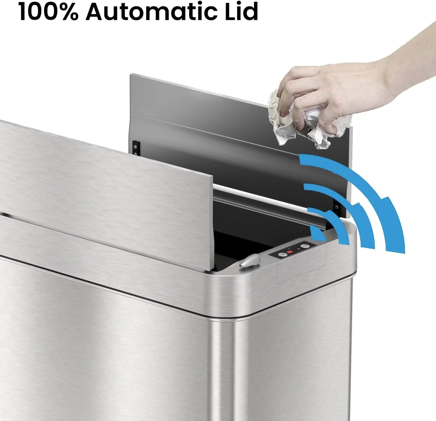 Silver Stainless Steel iTouchless 18 Gallon Wings Open Kitchen Trash Can with Lid and Odor Filter, Dog Proof Lid Lock 68 Liter Slim Stainless Steel Garbage Bin Home Office Bedroom Living Room Large Capacity Wastebasket, Good Condition condition - View 2